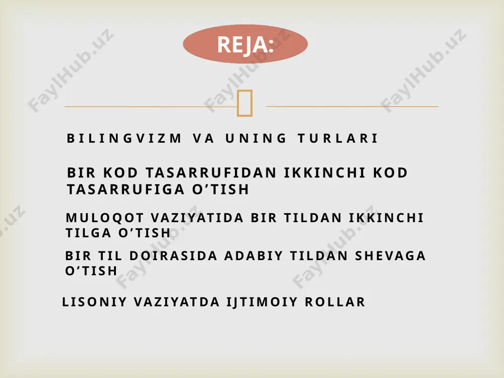 prosu o predmete sotsiolingvistiki). –l., 1975. 2. brayt u. vvedenie: parametrы sotsiolingvistiki // novoe v lingvistike. vыp. vii. –m., 1975. 3. belikov v. i., krыsin l. p. sotsiolingvistika. –m., 2001. 4. shveyser a.d. sovremennaya sotsiolingvistika: teoriya. problemы. metodы. –m.: nauka, 1976. 5. shveyser a.d., nikolskiy l.b. vvedenie v sotsiolingvistiku. –m.: vыsshaya shkola, 1978. 6. yarseva v.n. razvitie natsionalnogo literaturnogo angliyskogo yazыka. –m., 1969. 7. haugen e. linguistics and language planning. in w.bright (ed.). sociolinguistics. –mouton, 1966. 8. ferguson c.a. language structure and language use. – stanford, 1971. foydalanilgan adabiyotlar ro’yxati  e`tiboringiz uchun tashakkur  image3.png image4.png /docprops/thumbnail.jpeg