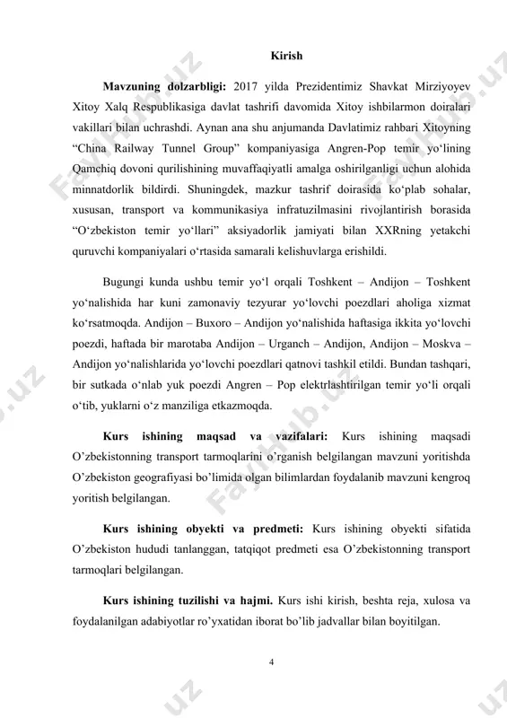 an qirg‘iz ssr temir yo‘llari tarmoqlarini birlashtirar edi. temir yo‘l boshqarmasi toshkentda joylashgan edi. ikkinchi jahon urushi yillarida temir yo‘l o‘rta osiyoni kavkaz va sssr markazi bilan aloqani ta’minlar edi. uning o‘tkazuvchanlik salohiyatini sezilarli darajada oshirish, joylarda noyob materiallar va ehtiyot qismlarini ishlab chiqarish choralari ko‘rildi. qisqa muddat ichida toshkent-angren (1941-1945) va amudaryo- dushanbe liniyalarida 9 ta cho‘yan quyish va 3 ta po‘lat quyish sexlari qurildi. urushdan keyingi yillarda hozirgi o‘zbekiston hududida yangi temir yo‘l uchastkalari qurildi: salar-barraj (1947), charjou-qo‘ng‘irot (1957), navoiy-uchquduq va jizzax-sirdaryo (hozirgi mahnat) (1962), keles-o‘zbekiston (1966), barraj-hojikent (1967), superfosfat (hozirgi maroqand)- qashqadaryo (1970), termiz-qo‘rg‘on-tobe (1974), naymanko‘l-nukus (1975), nukus-chimboy (1980). 1963 yildan beri kavkazorti temir yo‘li bilan bog‘laydigan parom kechuvi faoliyat olib bormoqda, bu yuklarni vagonlardan tushirmasdan yetkazish imkonini beradi. mustaqillikka erishgandan so‘ng o‘zbekistonda temir yo‘llar qurilishi yangi pallaga kirdi. navoiy-uchquduq-nukus, sulton uvays- nukus yo‘nalishlarida temir yo‘llarni ta’mirlash va elektrlashtirish boshlandi. urganch-beruniy elektrlashtirilgan yangi temir yo‘li qurilmoqda. 233 …