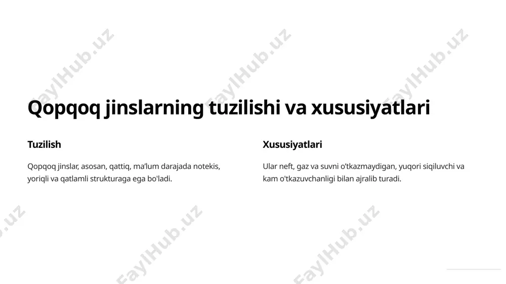 azib olish uchun yangi ilg'or texnologiyalar ishlab chiqilmoqda. 3 atrof-muhitning muhofazasi qopqoq jinslardan neft va gaz qazib olish jarayonida ekologik ta'sir kamaytiriladigan. 6 qopqoq jinslardan neft va gaz qazib olishning cheklangan jihatlari quvvat sig'imi qopqoq jinslar tarkibidagi neft va gazni to'liq qazib olish qiyin. yuqori xarajatlar qazib olish texnologiyalari katta investitsiyalarni talab qiladi. ekologik ta'sir qazish jarayonida atrof-muhitga salbiy ta'sir yuzaga kelishi mumkin. 7 qopqoq jinslardan foydalanishning ekologik oqibatlari suvning ifloslanishi qazish jarayonida suvlar ifloslanishi mumkin. havo iflozi metannning chiqarib yuborilishi ozon qatlamining buzilishiga olib keladi. yerning buzilishi qazish jarayonida yerni parcha-parcha bo'lishi va yer usti ekotizimlarining buzilishi kuzatiladi. 8 qopqoq jinslardan neft va gaz qazib olishni yaxshilash yo'llari texnologiyalarni takomillashtirish qazib olish samaradorligini oshirish, xarajatlarni kamaytirish va ekologik ta'sirni kamaytirish uchun yangi texnologiyalarni qo'llash. qayta ishlashni rivojlantirish qopqoq jinslardagi neft va gazni to'liq qazib olish va qayta ishlash imkoniyatlarini kengaytirish. ekologik qarash qazib olish jarayonida ekologik xavfsizlikka rioya qilish, …