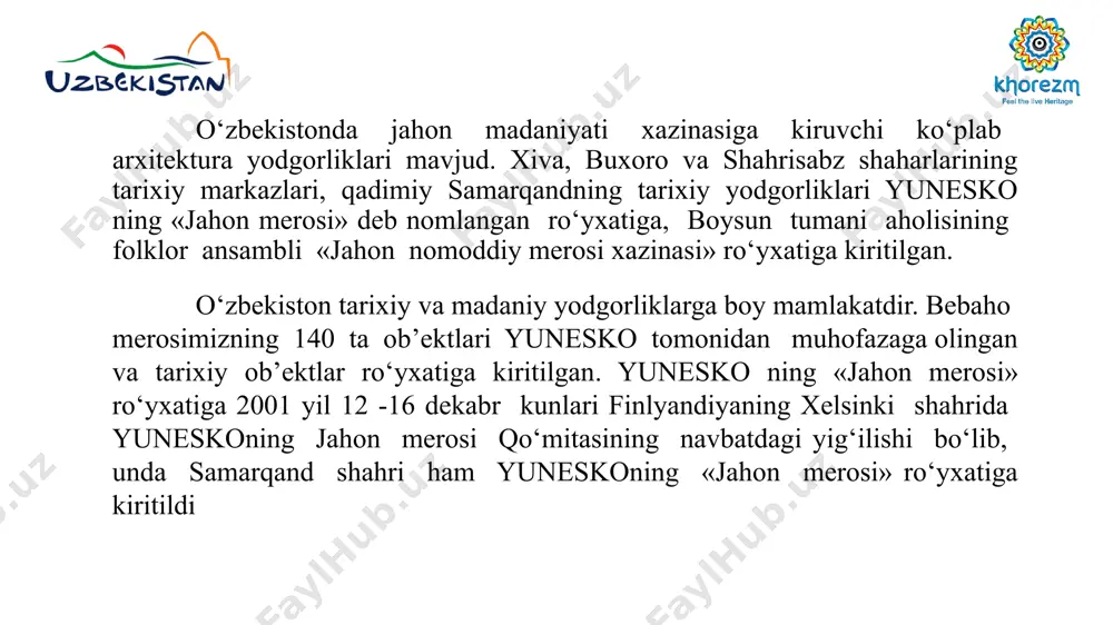 yidagicha rayonlashtirishni taklif qildik: toshkent turistik rayoni (toshkent viloyati); farg’ona turistik rayoni (farg’ona, namangan,andijon viloyatlari); mirzacho’l turistik rayoni (jizzax, sirdaryo viloyatlari); samarqand turistik rayoni (samarqand viloyati); buxoro – qizilqum turistik rayoni (buxoro, navoiy viloyatlari); janubiy turistik rayoni (qashqadaryo, surxondaryo viloyatlari); quyi amudaryo (xorazm viloyati va qoraqalpog’iston respublikasi). samarqand turistik rayoni mamlakatimizning asosiy turizm markazidir. turistik rayon ma’muriy jihatdan samarqand viloyatidan iborat bo’lib, respublikamizda tabiiy va iqtisodiy geografik jihatdan qulay mintaqada joylashgan. rayon tabiiy shart-sharoiti, yer usti tuzilishi geografik jihatdan chegaralanishi, ya’ni uning janub va shimol hamda shimoli-sharq tomonlari tog’ va tog’liklardan iboratligi ham turizm sohasida juda katta mazmun kasb etadi. uning chegaralari shimolda nurota tog’lari (oqtov, qora tog’, g’o’bdin tog’, qo’ytosh tog’i), janubdan zarafshon tog’ tizmalari (chaqilqalon, qoratepa, ziyovuddin, zirabuloq h.k.) bilan o’tadi. viloyatning yer osti va yer usti gidrologik suv resurslari, tog’, tog’ oldi etaklari hamda tog’ oralig’i soylarida tabiiy ravishda hosil bo’lgan landshaftlar (tabiiy manzaralari), yam-yashil o’rmonzorlar (omonqo’ton), …
