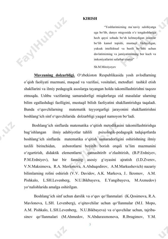 boshlang’ich sinflarda miqdorlarni o’qitish metodikasi bо‘yicha dars samaradorligini oshirishning mazmuni, shakl va metodlarini ishlab chiqish, uning bir butun tizimini о‘rganib chiqish. tadqiqot obyekti: boshlang’ich sinflarda miqdorlarni o’qitish jarayoni. tadqiqot predmeti: boshlang’ich sinflarda miqdorlarni o’qitishning metod, usul va vositalari. tadqiqot farazi: boshlang’ich sinflarda miqdorlarni o’qitish metodikasini takomillashtirish mumkin agar: -boshlang’ich sinflarda miqdorlarni o’rganish zaruriyati nazariy asoslansa; · о‘quvchilarning olgan bilimlari qiziqarli, ongli va aniq bо‘lishi ta’minlansa; · boshlang’ich sinflarda miqdorlarni o’qitish metodikasi о‘rganish mazmuni, shakl va metodlari takomillashtirilib borilsa; · boshlang’ich sinflarda miqdorlarni o’qitish metodikasi о‘qitishda matematikadan olgan bilimlarining sifat kо‘rsatkichi yuqori bо‘lishi e’tiborga olinsa;. tadqiqot vazifalar: matematika darslarida miqdorlar tushunchasini psixologik-pedagogik jihatlarini о‘rganish. 3-sinflarda miqdorlarni o’rganishning eng maqbul usul, vosita va shakllarini tanlash. boshlang’ich sinflarda miqdorlarni o’qitish metodikasi o‘rganish mustahkamlash orqali о‘qitishning eng maqbul yо‘llarini ishlab chiqish va uni tajriba - sinov vositasida tekshirish. tadqiqot usullari: 1. muammoga doir adabiyotlarni (psixologiya, pedagogika) tahlil qilish. 2. boshlang’ich sinflarda miqdorlarni o’qitish metodikasi …