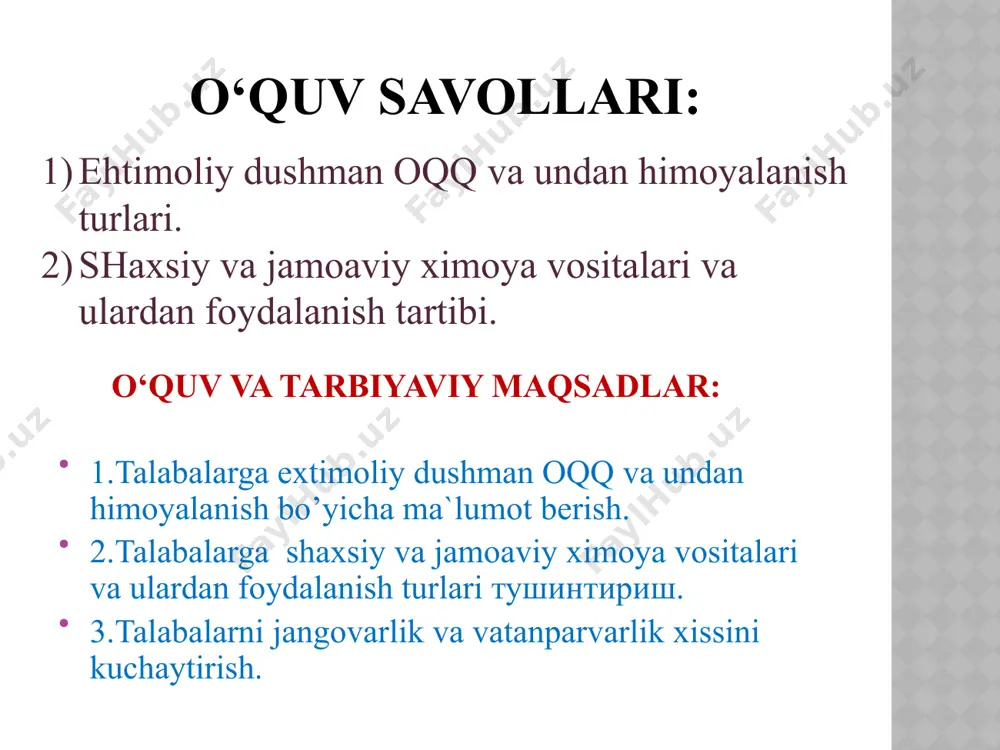 p izotoplarning aralashmasidir. uran-235 va plutoniy-239 yadrolarini bo‘linishida mendeleev jadvalidagi 36 turdagi elementlarning 200 izotopi hosil bo‘ladi. radiaktiv nurlardan eng xavflisi yod, seziy va stronsiylarning izotoplari hisoblanadi. radiatsiya (gamma-nur) ta’sirida optik pribor(asbob)lar qorayib qoladi, elektron pribor(asbob)lar ishdan chiqadi, rezistorlarning qarshiligi va kondensatorlarning xajmi o‘zgarib qoladi. yadro quroli - ichki yadro energiyasidan foydalanishga asoslangan ommaviy qirg‘in qurolidir. yadro quroli qo‘llangan joy yadroviy zararlanish o‘chog‘i deyiladi. yadro zaryadi portlatilganda soniyani milliondan bir qismida juda katta energiya mikdori ajralib chiqadi va bu erda harorat bir necha million gradusga, maksimal bosim esa milliard atmosferaga yetadi. yuqori harorat va yuqori bosim qudratli zarb to‘lqinini va yorug‘lik nurlanishini keltirib chiqaradi. shular bilan bir qatorda neytronlar va gamma nurlardan iborat bo‘lgan singuvchi radiatsiya tarqaladi. singuvchi radiatsiyaning tarqalishi 10-15 soniya davom etadi. yadro portlashi natijasida hosil bo‘lgan bulut yadro portlashi mahsulotlarini atrofga tarqatadi, ya’ni joylarning radiaktiv zaharlanishi yuz beradi. ionlashtiruvchi nurlanishlar ta’siri ostida paydo bo‘luvchi elektr zaryadlarni havodagi …
