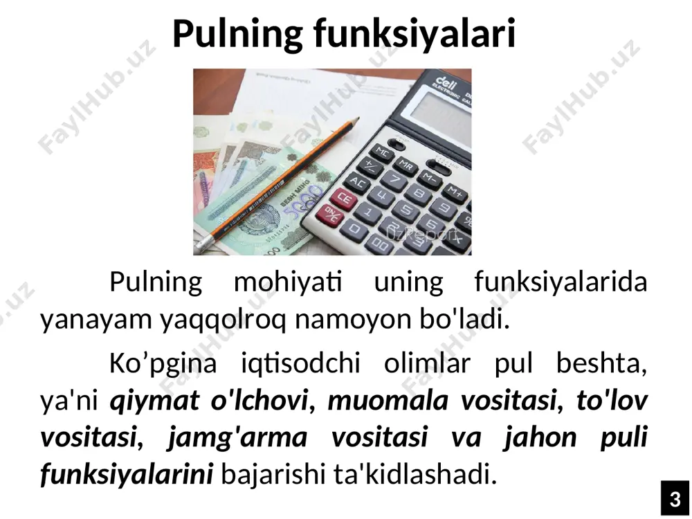 tasi sifatida foydalangan bo'lsada, ular boshqa maqsadda, ya'ni kundalik hayotda foydalanish uchun yaratilgan edi. masalan, kishilar metalldan yasalgan boltadan ayirboshlash vositasi sifatida keng foydalangan, lekin u to'iov vositasini bajaradigan tanga ko'rinishiga ega bo'lmagan. odamlar stixiyali ravishda metalldan yasalgan boltani to'lov vositasi o‘rnida foydalanishgan. 14 pulning natural ko'rinishidan metall tanga shakliga o'tishiga quyidagi omillar muhim ahamiyat kasb etgan 1. kishilarning metallarga turii shaklda ishlov berishni kashf etilishi. 2. davlatchilikning paydo bo 'lishi. 3. kishilar o'rtasida tovar ayirboshlash hajmining ortib borishi natijasida ushbu jarayonning murakkablashuvi. 4. natural shakldagi pullarni saqlash va olib yurishning qiyinligi. 15 qog'oz pullar qog'oz pullarning muomalaga kiritilishi jamiyatda ijtimoiy -iqtisodiy voqelik bo'lib, ushbu jarayon o'zi bilan birgalikda qator muammolami keltirib chiqardi. bu muammolarning asosiysi inflatsiya hisoblanadi. qog'oz pullarning muomalaga chiqarilishi natijasida inflatsiya muammosi paydo bo'lishinining asosiy sabablaridan biri, ushbu pullar haqiqiy qiymatga ega bo'lmagan, ya'ni haqiqiy pullarning o'rinbosarlari hisoblanadi. qog'oz pullarda aks etririlgan nominal qiymati ularning haqiqatdagi qiymatidan …