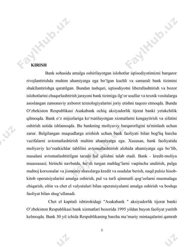 an shugʻullanadi. chet el kapitali ishtirokidagi "asakabank " aksiyadorlik tijorat banki o’zbekiston respublikasi bank xizmatlari bozorida 1995 yildan buyon faoliyat yuritib kelmoqda. bank 30 yil ichida respublikaning barcha ma’muriy mintaqalarini qamrab olgan keng tarqalgan filiallar tarmogʻini shakllantirdi. hozirda bank 82dan ortiq xizmat koʻrsatish shahobchalariga ega boʻlib, 31 ta filial, 26 ta mini-bank faoliyat ko'rsatmoqda. shuningdek, bank 5 ta sho’ba kompaniyasini tashkil etdi va ularning faoliyatini yoʻlga qoʻydi. 50 dan ortiq bank mahsulotlari va moliya xizmatlarini taklif etayotgan asakabank mijozlarning keng doirasiga xizmat koʻrsatmoqda. xizmat koʻrsatishning keng tarmogʻi bank mijozlar uchun yanada jozibali va qulay boʻlishiga koʻmaklashmoqda. yuridik shaxslar, jumladan, yirik kompaniyalar, kichik biznes va xususiy tadbirkorlik korxonalari, mikrofirmalar, tadbirkorlar va jismoniy shaxslar bank mijozlari hisoblanadi. bank faoliyatining asosiy yoʻnalishlari oʻzbekiston iqtisodiyotining real sektorini kreditlash, raqobatbardosh mahsulot ishlab chiqarish va yangi ish oʻrinlarini yaratishga koʻmaklashish maqsadida texnik va texnologik modernizatsiyalash boʻyicha loyihalarni moliyalashtirishdan iborat. kichik biznes va xususiy tadbirkorlikni moliyaviy qoʻllab-quvvatlash …