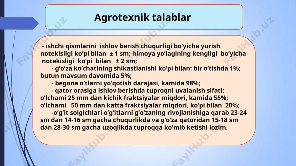 ing qoq o’rtasidan va barcha qatorlarda bir xil chuqurlikda olinishi kerak. aks holda keyingi kultivatsiya vaqtida agregatni boshqarish qiyin bo’ladi va kultivatorni to’g’ri yurmasligi natijasida ko’chatlar ko’plab shikastlanishi mumkin. 6) qator orasiga birinchi marta ishlov berishda iloji boricha nihollarga yaqinroq masofada ishlov berish, keyingi ishlashlarni o’simlik ildizlarining rivojlanish xususiyatlarini hisobga olgan holda ularning ishlash kengligi va chuqurligini qisqartirib borish talab etiladi. o’simliklar qator orasiga ishlov berish samaradorligini oshirish (davomi) diqqat! yozib oling va eslab qoling! kultivatsiya- tuproqning yuza qatlamlarini g’ovak, mayda donador holda saqlash, namning bug’lanishga va kam isrof bo’lishiga, sho’rlangan yerlarda kuyi qatlamdagi tuzlarning yuqoriga ko’tarilishiga yo’l ko’ymaydi va tuproqdagi namlikni uzoq vaqt saqlanishini ta’minlaydi. e’tiborilarigiz uchun katta raxmat!!! tel : +998 94 106 4002 telegram raqam: +99894 106 40 02