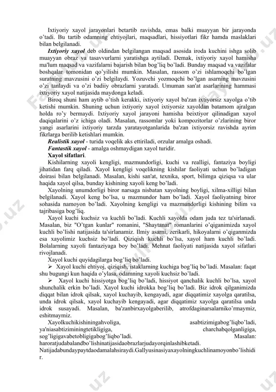 n o’qib berilgan ertaklardagi qahramonlarni ularning bag’oyat botirliklarini, qo’rqoqliklarini va bir-birlariga yordam berishlarini xayoliy tasavvur orqali aks ettiradilar. tiklovchi yoki tasavvur xayoli jarayonida odam ko’z oldiga keltirayotgan obrazning ob'ekti haqiqatdan ham muayyan bir joyda bo’lganligini anglatadi. tasavvur yoki tiklovchi xayol bog’cha yoshidagi bolalarda ham bo’ladi. masalan: ularga o’qib berilayotgan hikoyani eshitar ekanlar, hikoyadagi afsonaviy qahramonlar, ularning baland g’oyalar ustidagi qurilgan qasrlari ko’z o’ngilarida gavdalana boshlaydi. ijodiy xayol - deb tajribamizda bo’lmagan va voqelikning o’zida ham uchratmagan narsa va hodisalar haqida tasavvur hamda obrazlar yaratishdan iborat xayol turiga aytiladi. ijodiy xayol murakkab aks ettirish jarayoni bo’lib, odamning hayotida juda katta ahamiyatga egadir. odam o’zining ijodiy xayoli orqali biror yangi, shu paytgacha ko’rilmagan narsa yaratadi. masalan: yozuvchi asari uchun tipik obraz yaratganda uning xayoli ijodiy bo’ladi. tadqiqotchining biror tadqiqot ustida ishlaganida ham uning xayoli ijodiy bo’ladi. ijodiy xayol obrazlari so’zlarda yoki moddiy ob'ektlarda tasvirlanishi mumkin. ijodiy xayol mahsuli, ya'ni tasavvur va obrazlari …