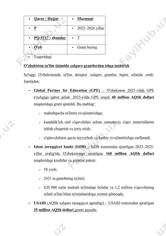 ng ta'miri; · 620 000 nafar maktab ta'limdagi bolalar va 1,2 million o'quvchining sifatli ta'lim bilan ta'minlanishiga xizmat qilmoqda. · usaid (aqsh xalqaro taraqqiyot agentligi) – usaid tomonidan ajratilgan 25 million aqsh dollari granti asosida: · inkluziv ta'lim tizimi joriy qilinmoqda; · nogironligi bo'lgan bolalar uchun qulay foydalanish yaratilmoqda; · o'qituvchilarga zamonaviy metodika va texnologiyani qo'llash bo'yicha treninglar o'tkazilmoqda. 1.5. o'zbekistonda grantlar tizimi: holat va tegishli mahalliy grantlar asosan yo'nalishlarda beriladi: · “o'zbekiston va san'at forumi” jamg'armasi – har yili maktab o'quvchilari, san'atkorlar, pedagoglar va olimlarga turli madaniyat manbalari uchun grantlar ajratiladi. · 2019-yilda 700 dan ortiq iqtidorli yoshlar 50 million so'mdan ortiq grant mablag'iga ega bo'lishdi. · maktabda san'at, musiqaga oidni moliyaviy yaxshilash mavjud. · innovatsion0 vazirligi granti – 220–2024-yillarda umumta'lim maktablaridagi o'qituvchilarning yangi pedagogik g'oyalarini moliyalashtirish uchun maxsus dastur yo'lga qo'yilgan. grant miqdori: · kichik uchun: 20 mln so'mgacha; · o'rta uchun: 50 mln so'mgacha; · yillik hisob …