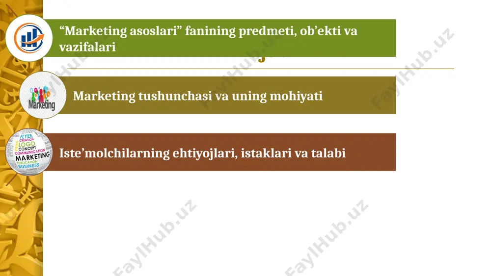 lab beruvchi haqiqiy falsafadir. bugungi kunda marketing bo‘limining bir o‘zi mijozlar bilan foydali munosabatlarni shakllantira olmaydi, marketing faoliyati bilan korxonaning barcha bo‘limlari va jamoasi shug‘ullanishi kerak. marketing korxona tomonidan qabul qilinadigan quyidagi qarorlarga asosiy ta’sir o‘tkazadi: korxona o‘z mijozlari sifatida kimlarni ko‘rishni hohlaydi; u mijozlarni qanday ehtiyojlarini qondirishni hohlaydi o‘zini mijozlarini qanday mahsulotlarni va xizmatlarni taklif etmoqchi o‘zining mahsulotlari va xizmatlariga qanday narxlarni belgilamoqchi o‘zining mijozlariga qanday murojaatlarni yo‘llashni va ulardan qanday murojaatlarni olishni hohlaydi shuningdek, ular bilan qanday hamkorlik munosabatlarini o‘rnatishni hohlaydi iqtisodiyot, biznes va tijorat sohasi bo‘yicha tayorlanayotgan mutaxassisliklar uchun “marketing asoslari”- bozor faoliyatining uslubiy asoslarini o‘rganadigan asosiy fandir. marketing avvalo, uni o‘rganuvchilarni bozor faoliyati tizimi sifatida jalb etadi. u korxonalarning bozordagi harakati va holatini o‘rganadi. “marketing” – bu faol assortiment siyosatini, narx, oldi-sotdi, reklama, iste’molchilarni o‘rganish, tomonlar bilan munosabatlarga kirishish, tijorat qaltisligi va raqobatchilarni o‘rganadigan fandir. “marketing” fani shu bilan bir qatorda iste’molchi xulqini modellashtirish, tovar sifatini, …
