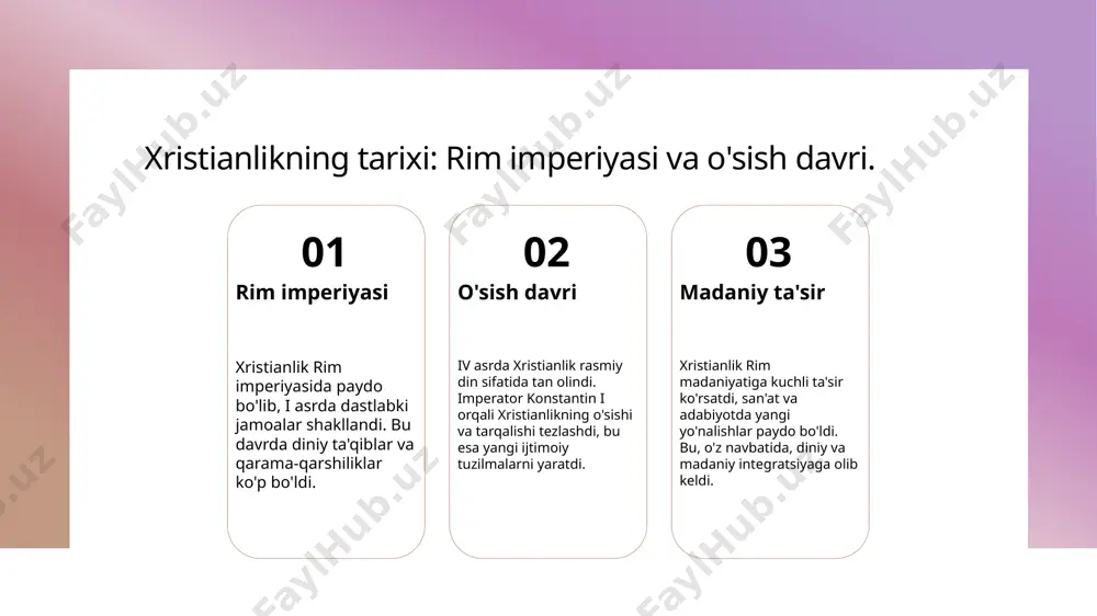 do bo'lishi va rivojlanishi, uning tarixiy davrlarida rim imperiyasi va o'rta asrlar orqali keng tarqaldi. 2 asosiy e'tiqodlar va qadriyatlar xristianlikning asosiy e'tiqodlari, axloqiy qadriyatlari va ularning kelib chiqishi, insoniyatning ahloqiy rivojiga katta ta'sir ko'rsatdi. 3 o'zbekistondagi ta'siri o'zbekistonda xristianlikning tarixi va madaniy integratsiyasi, mahalliy an'analar bilan aloqasi san'at va adabiyotga ham ta'sir etdi. foydalanilgan adabiyotlar 1. xudoyberdiyev, m. xristianlik tarixi va uning asosiy g'oyalari. o'zbekiston milliy universiteti, 2021 2. abdullayeva, s. o'zbekistonda xristianlikning tarixi va madaniy ta'siri. o'zbekiston fanlar akademiyasi, 2020 3. mustafayev, d. xristianlik va uning diniy e'tiqodlari: o'zbekiston kontekstida. o'zbekiston respublikasi madaniyat va sport ishlari vazirligi, 2023 4. khamraev, r. xristianlikning rivojlanishi va uning o'zbekistondagi ta'siri. o'zbekiston davlat jurnalistikasi va madaniyati instituti, 2022 5. sultonov, a. xristianlik va o'zbekiston: tarixiy va madaniy muhokama. o'zbekiston respublikasi oliy va o'rta maxsus ta'lim vazirligi, 2023 e'tiboringiz uchun rahmat! /docprops/thumbnail.jpeg