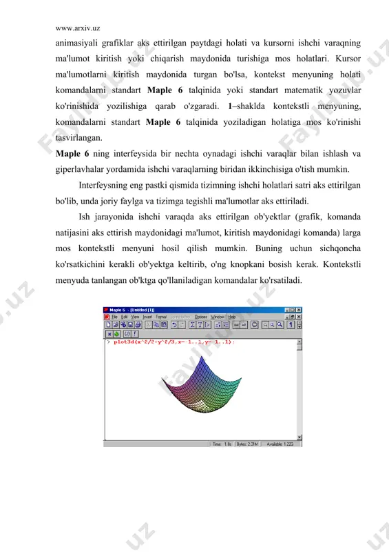 i bosish yoki insert menyusinint «text» komandasini bajarish kerak. kiritilayotgan matnda matematik formulalar bo'lsa, insert menyusidagi «standart math» komandasini bajarish yoki asosiy intsrumentlar panelidagi ( tugmani bosish zarur. matnda matematik formulani kiritish jarayoni maple 6 ning matematik yozuvlarga mos komandalarini matematik talqinda yozishga o'xshash. 3–shakl matn tarkibidagi matematik komandalarni ixtiyoriy paytda bajarilishini ta'minlash mumkin. buning uchun matndagi formulani insert menyusidagi «maple input» yoki «standart math input» komandalaridan foydalanib kiritish kerak. matndagi komandani bajarish uchun edit menyusidagi «execute» komandasini bajarish kerak yoki kontekstli instrumentlar panelidagi «!» tugmani bosish kerak. matnda yozilgan komanda qora rangda bo'ladi, maple 6 talqinida esa komanda qizil rangda bo'ladi. kiritish maydoniga kiritilgan komanda va operatorlarning bajarilishidan keyingi natijalar chiqarish maydonida aks ettiriladi. grafiksiz ma'lumotlarni chiqarish maydonida 3 xil formatda aks ettirish mumkin: maple 6 talqinidagi komandalarni kiritish formatiga o'xshash satr ko'rinishida, matematikada formulalarni ifodalashda qo'llaniladigan belgilar ko'rinishida va nashriyot ishlarida matematik formulalarni terishda ishlatiladigan matematik yozuv talqinida. …