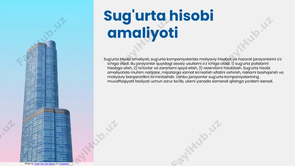 hisobotlar orqali tashkilotlar o'z resurslarini samarali boshqarish imkoniyatiga ega bo'lishadi va risklarni baholay olishadi. - sug'urta hisoboti tashkilotning moliyaviy holatini aniqlashga yordam beradi. - bu hisoblar orqali tashkilotlar o'z xarajatlarini va foydasini tahlil qilishlari mumkin. - sug'urta hisoboti investorlar va moliyaviy muassasalar uchun zarur hisoblanadi. - mijozlar uchun sug'urta hisobotlari shaffoflikni ta'minlaydi, bu esa ularning ishonchini oshiradi. - mijozlar o'z sug'urtalarini qanday boshqarilayotganini bilishadi, bu esa ularning qoniqishini oshiradi. - mijozlarga xizmat ko'rsatish sifatini oshirish imkonini beradi. - tashkilotlar sug'urta hisobotlaridan foydalangan holda o'z moliyaviy strategiyalarini yanada samarali ishlab chiqishlari mumkin. - masalan, abc sug'urta kompaniyasi o'z hisobotlari asosida mijozlar ehtiyojlarini aniqlab, yangi mahsulotlarni ishlab chiqdi va bozordagi raqobatbardoshligini oshirdi. sug'urta hisoboti va qonunchilik sug'urta hisoboti va qonunchilik bir-biri bilan chambarchas bog'liq. o'zbekiston respublikasida sug'urta sohasidagi qonunchilik doimiy ravishda yangilanib bormoqda. bu qonunlar sug'urta kompaniyalarining faoliyatini tartibga solish, foydalanuvchilarni himoya qilish va moliyaviy barqarorlikni ta'minlashga qaratilgan. qonuniy talablar va qoidalar …