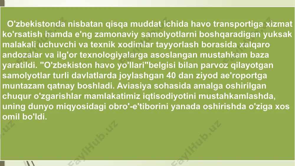 o`linadilar. samolyot 1 - sinf – 50 t ortiq, 2-sinf - 20-50 t gacha, 3-sinf - 10-20 t, 4-sinf - 2 t gacha. aeroportlar havo transporti korxonalaridan biri bo`lib, yo`lovchilar, yuk va pochta jo`natish va qabul qilish hamda samolyotlarni uchishga tayyorlash va uchishni tashkil qilish ishlari bilan shug`ullanadi. aerodromlar tasnifiga ko`ra: muntazam ishlovchi, mavsumiy, tezkor topshirik bajaruvchilarga bo`linadi. vazifalariga ko`ra boshlang`ich, oraliq va eng so`nggi aerodromlarga bo`linadi. favqulotta hollarda ko`rish uchun zahiradagi aeroldromlarga bo`linadi. samolyot va vertolyotlar uchish va qo`nish uchun uchish zonasining bir qismidagi polosalar ustiga sement va asfalt-beton qoplamalari yotqiziladi, ular har qanday ob-havo sharoitida ham samolyot va vertolyotlarning uchish va qo`nishini ta'minlashga qaratilgan bo`lib, uchish va qo`nish “polosa”lari deb ataladi. aerodromlar turiga qarab bunday polosalar umumiy uzunligi 600-2600 metr va undan ham ortiq bo`ladi, kengligi esa 25-28 metr va undan ortiq bo`lishi zarur . uchish va qo`nish polosasidagi samolyotlarning qo`nish joylarigacha yoki perronlargacha bo`lgan y o`llar rulejka …