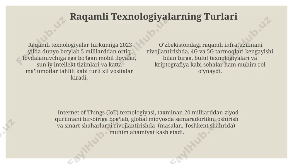ib, jahon miqyosida esa bu ko'rsatkich 5 millionga yetdi. o'zbekistonning milliy kiberxavfsizlik strategiyasi 2025-yilga qadar mamlakat infratuzilmasini 90% ga himoyalashni maqsad qilgan. raqamli iqtisodiyot samarqand viloyatida amalga oshirilayotgan “aqlli shahar” loyihasi, sensorlar va boshqa raqamli texnologiyalar yordamida 30% ga energiya sarfini kamaytirishni va 15% ga xarajatlarni optimallashtirishni rejalashtirmoqda. raqamli iqtisodiyot o'zbekistonda 2025 yilga borib, yalpi ichki mahsulotning 7% dan ortiq qismini tashkil etishni maqsad qilgan bo'lib, bu esa taxminan 15 milliard dollarlik ko'rsatkichni anglatadi. toshkent shahrida joylashgan it-parklar sonining 2022 yildagi 5 tadan 2024 yilda 10 taga ko'payishi raqamli iqtisodiyotning jadal rivojlanishini aks ettiradi. raqamli sotuv va marketing raqamli marketingda seo (qidiruv tizimlari optimallashtirish) va smm (ijtimoiy media marketing) strategiyasi 30% ga yaqin sotuvlar o'sishini ta'minlaydi, ayniqsa samarqand va buxoroda. google analytics va yandex metrika kabi tahlil vositalari yordamida 5000 dan ortiq mijozlarning xatti-harakatlarini kuzatib, raqamli sotuvlarni samaradorligini 10% ga oshirish mumkin. 2022-yilda o'zbekistonda raqamli sotuvlar hajmi 15% ga o'sdi, …