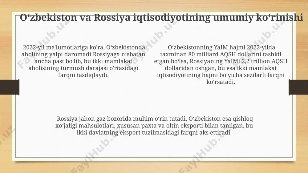 katta farqni koʻrsatadi. andijon viloyati oʻzbekistonning meva-sabzavot yetishtirish markazlaridan biri boʻlib, rossiya bozoriga sezilarli miqdorda eksport qilinadi, ammo rossiyaning oʻzining keng hududlari tufayli ichki ehtiyojini toʻliq qondiradi. ishsizlik va inflyatsiya oʻzbekistonning inflyatsiya darajasi 2023-yilning birinchi choragida rossiyaga nisbatan yuqoriroq boʻlib, toshkentda oziq-ovqat narxlarining oʻsishi samarada kuzatilgan oʻsishdan ancha yuqori edi. 2022-yilda oʻzbekistonda ishsizlik darajasi taxminan 9% ni, rossiyada esa 4% atrofida boʻlgan, bu rossiyaning mehnat bozorining oʻzbekistonga nisbatan barqarorroq ekanligini koʻrsatadi. rossiyaning markaziy banki inflyatsiyani nazorat qilishda oʻzbekiston markaziy bankiga nisbatan koʻproq muvaffaqiyatga erishdi, bu moskva va toshkentdagi iqtisodiy siyosat farqlarini aks ettiradi. kelajak istiqbollari va hamkorlik imkoniyatlari rossiyaning energiya resurslariga boyligi va oʻzbekistonning qishloq xoʻjaligi mahsulotlari eksport salohiyati ikki mamlakat oʻrtasida 5 milliard dollarlik qiymatga ega yangi qoʻshma korxonalarni yaratishga imkon beradi, jumladan andijon viloyatida. oʻzbekistonning strategik geografik joylashuvi va rossiyaning transport infratuzilmasi rivojlanganligi ikki mamlakat oʻrtasida xitoy va markaziy osiyo bozorlariga yoʻnaltirilgan 2000 kilometrlik yangi temir yoʻl liniyasini …