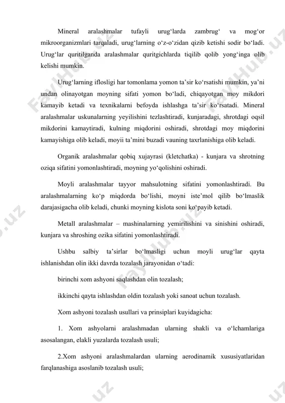 li. bu usul bilan xom ashyo tozalanganda asosan turli kо‘rinishdagi elakli sirtlardan foydalniladi. elakli sirtlar tekis aylanma shaklda, kо‘p qirrali barabanli shaklda bо‘lishi mumkin. qaysi tur ishlatilishidan qat’iy nazar bir elakli sirtdan ikkita fraksiya, ya’ni elak ustidan tushuvchi fraksiya va elak orasidan о‘tuvchi fraksiya (proxod) hosil bо‘ladi. mahsulot elak ustidan о‘tuvchi fraksiya elak ostidan о‘tuvchi fraksiya elakli sirtlarda bir yoki bir necha bor mahsulot tozalanishdan qat’iy nazar asosiy mahsulot о‘rtacha о‘lchamga teng bо‘lgan aralashmalar mahsulot tarkibida qolaveradi. bu qoldiq aralashma tozalangan xom ashyoning qoldiq iflosligini deb ataladi. shu tufayli xom ashyoni tozalashda faqatgina elakli sirtlar ishlatilmay bir vaqtning о‘zida yoki ketma-ket aerodinamik separatorlar va elektromagnit separatorlar ham ishlatiladi. xom ashyoni elakli sirtlar yordamida unumli tozalash uchun xom ashyo tarkibidagi komponentlarning о‘rtacha uzunliklarini yoki о‘rtacha diametrini bilish lozim. laboratoriya doirasidan yoki maxsus spravochniklarda mahsulotning va uning ichidagi aralashmalarni о‘lchamlari о‘zgarishini kо‘rsatuvchi variasion egri chiziqlar grafigi bо‘ladi. bu grafiklarga qarab, mahsulotni aralashmadan …