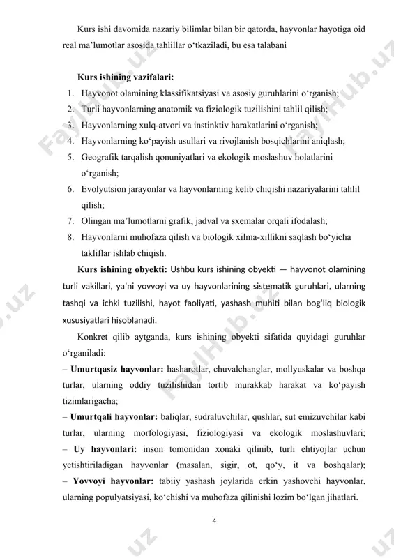 lmiy manbalardan foydalanilgan. kurs ishining amaliy ahamiyati: mazkur kurs ishi orqali talabalar hayvonot olamining xilma-xilligi, ularning hayotiy jarayonlari, ekologik roli va evolyutsion taraqqiyotiga oid zarur nazariy va amaliy bilimlarga ega bo‘ladilar. ushbu bilimlar tabiatni muhofaza qilish, ekologik monitoring va biologik resurslardan oqilona foydalanish jarayonlarida foydali bo‘lishi mumkin. kurs ishining tarkibiy tuzilishi va hajmi: mazkur kurs ishi kirish, ikki bob, sakkiz bo‘lim, xulosalar va foydalanilgan adabiyotlar ro‘yxatidan tashkil topgan. i.bob. hayvonot olamining xilma-xilligi va tasnifi 1.1. hayvonot olamining xilma-xilligi va sistematik guruhlarga bo‘linishi. tabiatning ajralmas bir qismi bo‘lgan hayvonot olami insoniyat uchun qadim zamonlardan beri ilmiy, iqtisodiy va estetik ahamiyat kasb etib kelgan. hayvonlar yer yuzida juda katta xilma-xillikda uchraydi. ular o‘z tuzilishi, yashash muhiti, ko‘payish usuli va ekologik roli bilan bir-biridan farqlanadi. hozirgi zamonaviy biologiya yutuqlari, ayniqsa genetika, molekulyar biologiya, ekologiya va informatika bilan bog‘liq yondashuvlar hayvonot olamining tuzilishini chuqurroq o‘rganishga yordam bermoqda. hayvonlar dunyosi nafaqat tashqi ko‘rinishi bilan, balki …