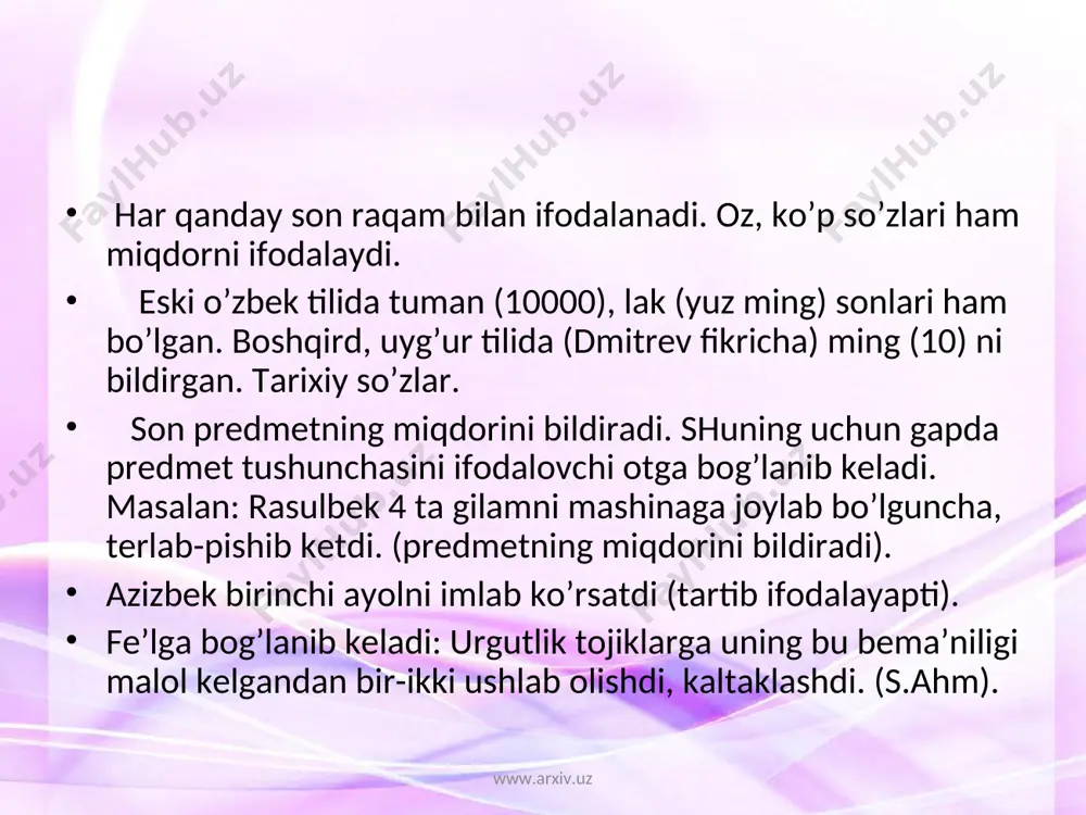 i ifodalaydi. 1 metr chit,1 kg shakar: kifoyatxon dasturxonga bir kosa osh,2 ta ravoch keltirdi.(a.q) konteksda konkretlashadi. 1. oldin tilga olinmagan ot oldida kelganda gumon:kattakon yer o’choq oldida bir qariya chirsillab yonayotgan o’tga qarab jimgina o’tiribdi. 2. holat bildiruvchi formasi sifat,ravish, ot oldida kelganda kuchaytiradi. kuchaytirma ravishlari (juda, g’oyat, nihoyatda) kuchaytirma yuklamalar (ham, hatto) kabi. www.arxiv.uz www.arxiv.uz charx urib yeg’ardi. hakim bir tez yurardi, men esa zo’rg’a qadam bosardim.(s.b.) uzun tunlarning birida otam bir qiziq ertak so’zlab berdi.(s.b.) 3. 1 soni sifatlovchi sifatlanmish orasida kelganda ma’no kuchaytiradi. gulnor uchun ulug’ bir baxt shu uchrashuv bo’ldi. shunday so’zi kelsa ta’kidlash ma’nosi yanada kuchayadi: malohat ham shunday bir narsani orzu qilib yurardi. 4. ayiruv, chegaralov yuklamalari (gina, faqat) o’rnida qo’llanib, ajratib, ko’rsatib, chegaralash ma’nosini ifodalaydi: kamtarlik ham bir xislat. 5. bir son o’zi bog’lanib kelaetgan so’z bilan "hech kim", "hech qanday" olmoshlari ma’nosida ham keladi: kunlik normasini bajarmagan bir kishi qolmadi. 6. …