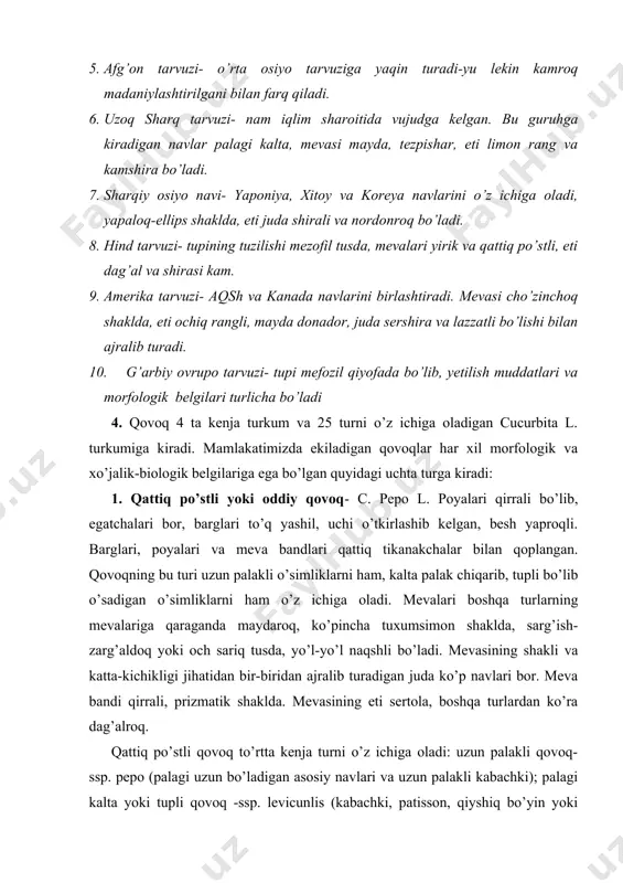 qiyshiq bo’yin yoki kruknek); manzarali qovoq -ssp. polimorfa, yovvoyi holda o’suvchi qovoq -ssp. faxbana. 2. yirik mevali qovoq - c. maxima duch. poyalari silindrsimon, tukli, dumaloq, juda uzun. barglari yashil, yirik, buyraksimon ichi sal o’yiqli. mevalari yirik, sharsimon yoki yassi tortgan, goho cho’ziqroq bo’lib, po’sti yumshoq va har xil rangli. eti kam tolali, yumshoq. kattiq po’stli qovoqqa qaraganda bir muncha kechpishar. to’rtta kenja turni o’z ichiga oladi: eski dunyo qovog’i - ssp. maxima (ekiladigan navlari); amerika qovog’i - ssp. americana (ancha tezpishar, palagi uzun va qattiq tuklar bilan qoplangan); xitoy qovog’i - ssp.furbankurbus (sallaga o’xshash shaklda mayda va o’rtacha meva qiladigan nimjon o’simliklar); yovvoyi holda o’suvchi qovoq - ssp. andreara. 3. muskat qovoq - c. moschata duch. poyalari va barglarining bandlari dumaloq - qirrali, meva bandi esa qirrali bo’lib, mevaga tomon kengayib boradi. barglari salgina o’yilgan, besh yaproqli yoki buyraksimon, tomirlari orasida oq dog’lari bor. bu turga mansub o’simliklarning hammasi …