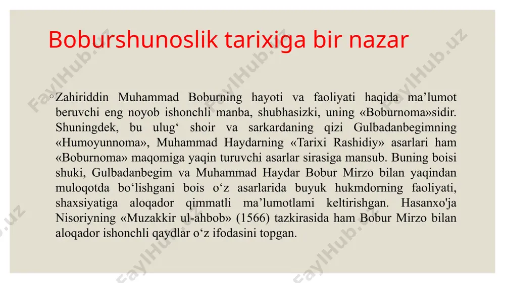 niqsa, zahiriddin muhammad bobur ma’naviy merosining jahon ilmi fani, madaniyati va san’atida o‘rganilishi, targ‘ibu tashviq etilishi yaqqol misol bo‘la oladi mashhur davlat arbobi javoharla’l neru o‘zining «hindistonning kashf etilishi», «jahon tarixiga bir nazar» asarlarida zahiriddin muhammad bobur haqida shunday deb yozadi: «bobur — dilbar shaxs. uyg‘onish davri hukmdorining haqiqiy namunasidir. u mard va tadbirkor odam bo‘lgan. bobur o‘ta madaniyatli va jozibali inson bo‘lib, o‘z zamonasidagi eng yetuk shaxslardan biri edi. u mazhabparastlik kabi cheklanish va mutaassiblikdan yiroq edi… bobur san’atni, ayniqsa, adabiyotni sevardi» zahiriddin muhammad boburning ilmiy — adabiy merosi “bodurnoma” “mubayyin” “aruz risolasi” “musiqiy ilm” “xarb ishi” boburning ilmiy — adabiy merosi lirika kobil devoni lirika hind devoni tarjima “volidiya” lirik merosi lirik merosi «qobul devoni» (1519)ga, 1528-29 yillarda «hind devoni»ga jamlangan. to`liq devon tuzgani haqida ma`lumot bor. she`rlarining umumiy hajmi 400 dan ortadi. shundan 119 g`azal, 231 ruboiy va tuyuq, qit`a, fard, masnaviy kabi janrlarda asarlar yaratilgan. g‘azallarining …