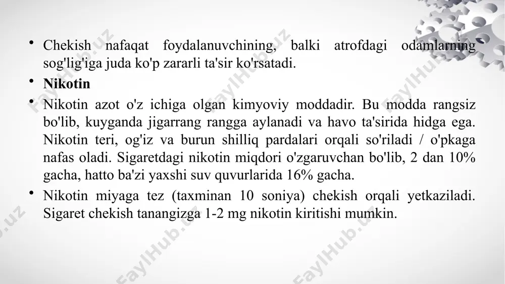 kish har bir chekish yili uchun har bir o'pka hujayrasida qo'shimcha 150 mutatsiyaga olib keladi. tadqiqotga ko'ra, ta'sirlangan boshqa organlar orasida halqumning har bir hujayrasida o'rtacha 97 mutatsiya, farenks uchun 39 mutatsiya, og'iz uchun 23 mutatsiya, siydik pufagi uchun 18 mutatsiya va jigarning har bir hujayrasida 6 mutatsiya mavjud. sigaret chekish har yili 6 milliondan ortiq odamni yo'qotadi. sigaretada 60 dan ortiq kanserogenlar mavjud bo'lib, ularning barchasi o'simta dnksida mutatsiyalarni keltirib chiqaradigan o'simta o'sishini tezlashtiradi. chekish cheklangan miqdorda dnk metilatsiyasiga olib keladi. natijalar chekish somatik mutatsiyalar chastotasini oshirish orqali saraton xavfini oshiradi. e’tiborlaringiz uchun tashakkur image1.jpeg image3.png image4.png image5.png image6.png image7.png image8.png image9.png image10.png image2.jpeg /docprops/thumbnail.jpeg