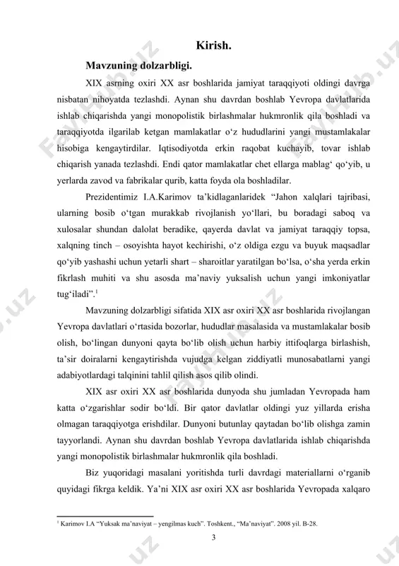 r boshlarida dunyoni qayta taqsimlash uchun, bo‘lib o‘tgan harbiy to‘qnashuvlarni tahlil qilish; · yevropada jahon urushi xavfini ukchayishini yoritish; ishning ilmiy yangiligi. ushbu bitiruv malakaviy ishning ilmiy yangiligi avvalo shundan iboratki, mazkur mavzu ilk bor bitiruv malakaviy ish sifptida ilmiy adabiyotlar bilan qiyosiy tahlil qilish asosida izchil tadqiq etildi. - dunyoning yirik mamlakatlari o‘rtasidagi ziddiyatlarni keskinlashuvi ilmiy asosda tahlil qilindi. - harbiy ittifoqlarni vujudga kelishi va dunyoning taqsimlanishi tugallanishi tarixi yoritib berildi. - xx asr boshlarida dunyoni qayta taqsimlash uchun, bo‘lib o‘tgan harbiy to‘qnashuvlar yangi adabiyotlar yordamida tahlil qilindi. - yevropada jahon urushi xavfini kuchayishi yangi tarixiy manba va adabiyotlar yordamida yoritib berildi. bitiruv malakaviy ishining nazariy va amaliy ahamiyati. ushbu ishda xix asr oxiri va xx asr boshlarida yevropadagi xalqaro munosabatlar tizimini chuqurroq o‘rganish tarixchilar uchun muhim ahamiyat kasb etadi. aynan shu davrdan boshlab dunyoni davlatlarida ishlab chiqarishda yangi monopolistik birlashmalar hukmronlik qila boshladi va taraqqiyotda ilgarilab ketgan mamlakatlar …
