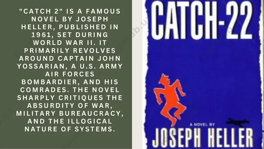 but this process itself is contradictory. 3. nately: nately is yossarian's friend, willing to sacrifice his life for the woman he loves. nately's death further emphasizes the futility and absurdity of war in the novel. catch-22 by joseph heller is a satirical novel set during world war ii, focusing on the absurdity of war and military bureaucracy. the story follows captain yossarian, who struggles to survive dangerous missions, trapped by the paradoxical "catch-22" rule that makes it impossible for him to escape. the novel critiques the irrationality of systems and highlights the chaos and absurdity of life during war. conclusion thank you