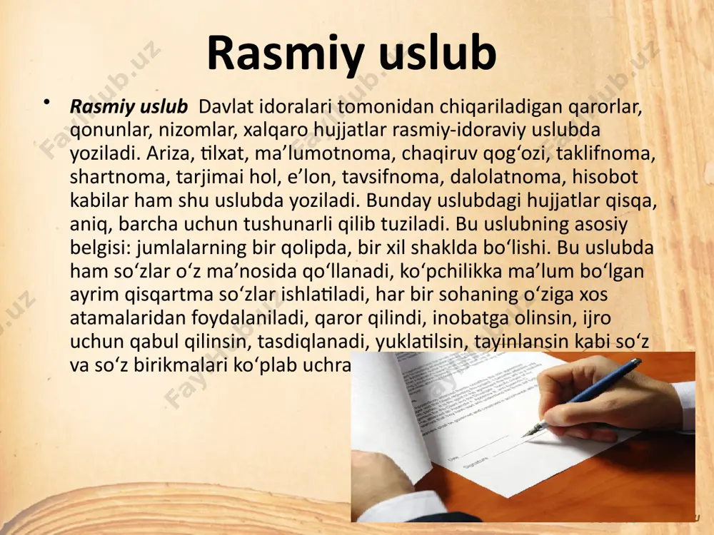 yinlash, saylash,ozod etish, ratifi kasiya qilish, ta’sis etish, amalga oshirish singari fe’lli birikmalar ishlatilgan. shu o‘rinda rasmiy uslubda yozilgan matnlar uchun barcha morfologik vositalar va kategoriyalarning qo‘ llanilishi bir xil darajada emasligini ta’kidlash ham maqsadga muvofiq. masalan, sonlar va olmoshlar bu uslubda boshqa so‘z turkumlariga qaraganda ikkinchi darajali omil hisoblanadi. rasmiy uslubning sintaktik alomatlari ham matnda darhol ko‘zga tashlanadi. unda darak gaplar, uning ayniqsa qo‘shma gap shakli ko‘p ishlatiladi. yoyiq va murakkab so‘z birikmalari mahsuldor hisoblanadi, murakkab tipdagi nomlar keng qo‘llaniladi. gap tuzilishida o‘zbek tilidagi odatdagi me’yorga amal qilinadi va yuqorida sanalgan jihatlari bilan ilmiy uslubga o‘xshab ketadi. e’tboringiz uchun raxmat image2.png image3.jpeg image4.png image5.jpeg image6.jpeg image7.jpeg image8.jpeg image9.png image10.png image11.png image12.png image13.png image14.png image1.jpeg /docprops/thumbnail.jpeg