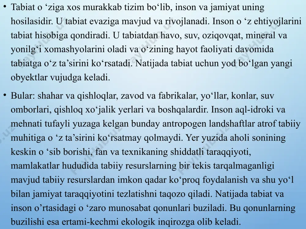 k va qishloq ho‘jaligi fanlariga, tibbiyotga, ijtimoiy fanalarga o‘tkazish tarzida namoyon bo‘ladi. qayd etib o‘tilgan ilmiy yo‘nalishlarning rivojlanishi inson faoliyatini ekologiyalashtirish tendensiyasi doirasida kechadi biotexnologik yo‘l bilan ishlab chiqarilgan mahsulotlar ishonchli va toza bo‘ladi. ekologiyalashtirilgan ishlab chiqarishda bir bosqich chiqindilari ikkinchi bosqich uchun hom ashyo hisoblaniladi. ekologiyalashtirish ishlab chiqarishda sifat jihatidan yangi energiya manbaiga o‘tiladi. bu uning xususiyati hisoblanadi. yangi energiya manbalarini izlash bugungi kunda ilmiy tadqiqot markazida turibdi. dunyoning ko‘pgina mamlakatlarida atom quvvatidan foydalanilmokda. kimyoviy usulllarda olinadigan va quyosh geoterminal, shamol, dengizsuvning ko‘tarilishi pasayishi va noan’anaviy qayta tiklanmaydigan barcha turdagi quvvatlar ham mavjud. energiyaning yangi manbalaridan biriissiqlik nasoslaridir. bu nasoslar freon yordamida atrofmuhitga sochilgan issiqlikni yig‘adi va uni amaliy maqsadga qo‘llash uchun quyiltiriladi. shunday qilib, energiyani saqlanish qonunini bo‘zmay turib atrofmuhitdan issiqlikni kondensatsiya qilish hisobiga ko‘ra go‘yoki «abadiy ishlaydigan dvigatel» yaratiladi. hozirda issiqlik nasoslari evropaning turli mamlakatlarida ishlab turibdi. 12 image4.jpg image5.jpg image6.jpg image7.jpg image8.jpg image9.jpg image3.png image10.jpg image11.jpg …