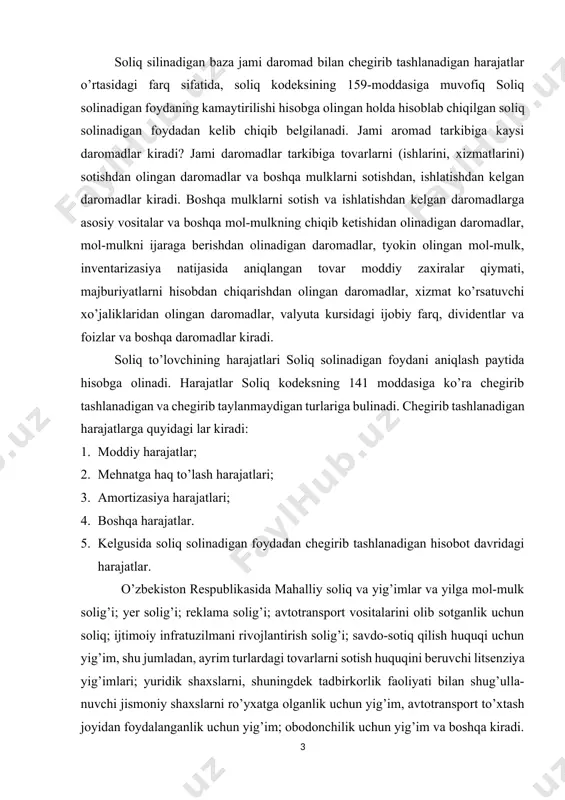 romadlar kiradi. boshqa mulklarni sotish va ishlatishdan kelgan daromadlarga asosiy vositalar va boshqa mol-mulkning chiqib ketishidan olinadigan daromadlar, mol-mulkni ijaraga berishdan olinadigan daromadlar, tyokin olingan mol-mulk, inventarizasiya natijasida aniqlangan tovar moddiy zaxiralar qiymati, majburiyatlarni hisobdan chiqarishdan olingan daromadlar, xizmat ko’rsatuvchi xo’jaliklaridan olingan daromadlar, valyuta kursidagi ijobiy farq, dividentlar va foizlar va boshqa daromadlar kiradi. soliq to’lovchining harajatlari soliq solinadigan foydani aniqlash paytida hisobga olinadi. harajatlar soliq kodeksning 141 moddasiga ko’ra chegirib tashlanadigan va chegirib taylanmaydigan turlariga bulinadi. chegirib tashlanadigan harajatlarga quyidagi lar kiradi: 1. moddiy harajatlar; 2. mehnatga haq to’lash harajatlari; 3. amortizasiya harajatlari; 4. boshqa harajatlar. 5. kelgusida soliq solinadigan foydadan chegirib tashlanadigan hisobot davridagi harajatlar. o’zbekiston respublikasida mahalliy soliq va yig’imlar va yilga mol-mulk solig’i; yer solig’i; reklama solig’i; avtotransport vositalarini olib sotganlik uchun soliq; ijtimoiy infratuzilmani rivojlantirish solig’i; savdo-sotiq qilish huquqi uchun yig’im, shu jumladan, ayrim turlardagi tovarlarni sotish huquqini beruvchi litsenziya yig’imlari; yuridik shaxslarni, shuningdek tadbirkorlik …