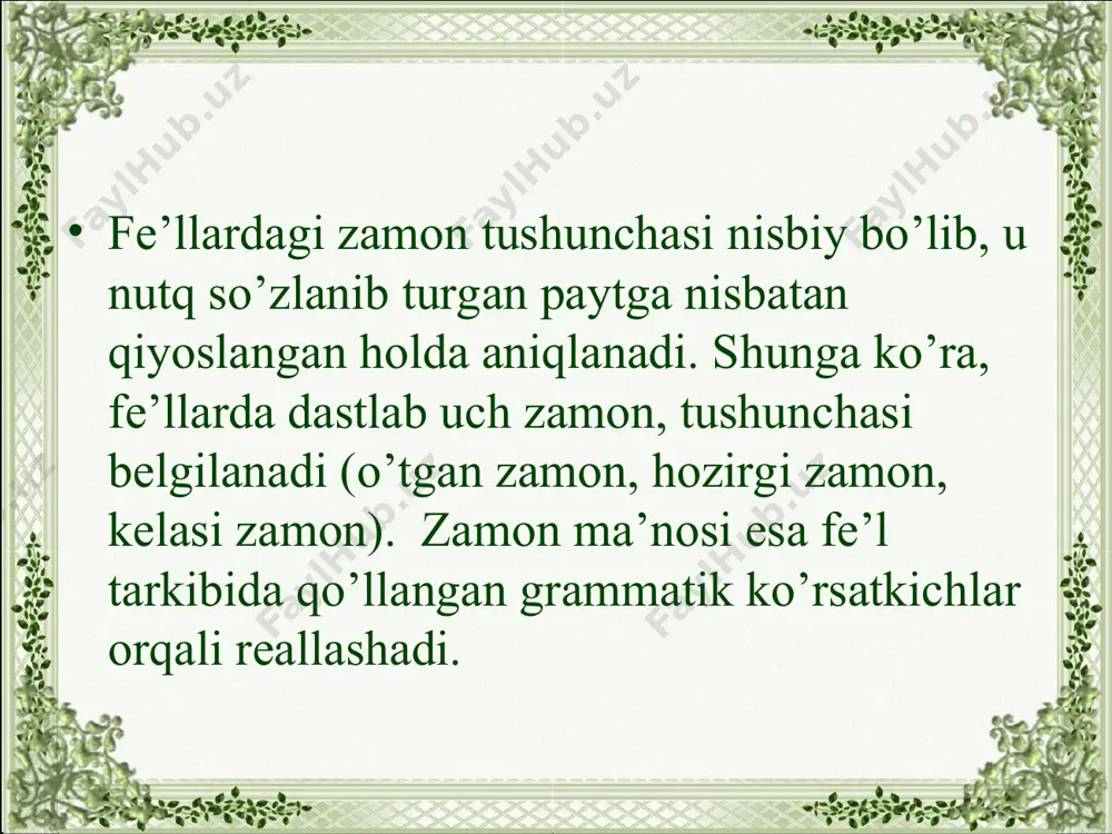 kabi). bunday forma kelasi zamon gumon fe’lini hosil qiladi. kelasi zamonning maqsad ifodalash shakli ham mavjud bo’lib, u -moqchi affiksli fe’l formasini, shuningdek, -digan, -jak(-ajak) affiksli sifatdoshlarni tuslash orqali shakllanadi. . i. sh. kel-ajak-man, o’qi-yajak-man ii. sh. kel-ajak-san, o’qi-yajak-san iii sh. kel-ajak, o’qi-yajak i. sh. kel-ajak-miz, o’qi-yajak-miz ii. sh. kel-ajak-siz, o’qi-yajak-siz iii sh. kel-ajak(lar), o’qi-yajak(lar) b i r l i k k o’ p l i k buyruq-istak va shart mayllari formasidagi fe’llar ham, asosan kelasi zamon tushunchasini ifodalaydi masalan: bilaman, u bizni poylamoqchi (n.fozilov.). oltin yerimizni ko’z qorachig’iday saqlanglar. (h.g’.). dilimizdagi gaplarni so’zlab bersam... foydalanilga adabiyotlar м.мирзаев, с.усмонов, и.расулов узбек тили. т., «укитувчи» 1978. ш. шоабдурахмонов, м.аскарова, а.хожиев, и.расулов, , х.дониёров хозирги њзбек адабий тили. т., «укитувчи» 1980. м.ирскулов тилшуносликка кириш. т., «укитувчи» 1992. а.баскаков, а. содиков, а.абдуазизов умумий тилшунослик. т., «укитувчи» 1981. х.неъматов, о.бозоров тил ва нутк. т., «укитувчи» 1993. у.турсунов, ж.мухторов, ш.рахматуллаев хозирги њзбек адабий тили.. 1-кисм. …