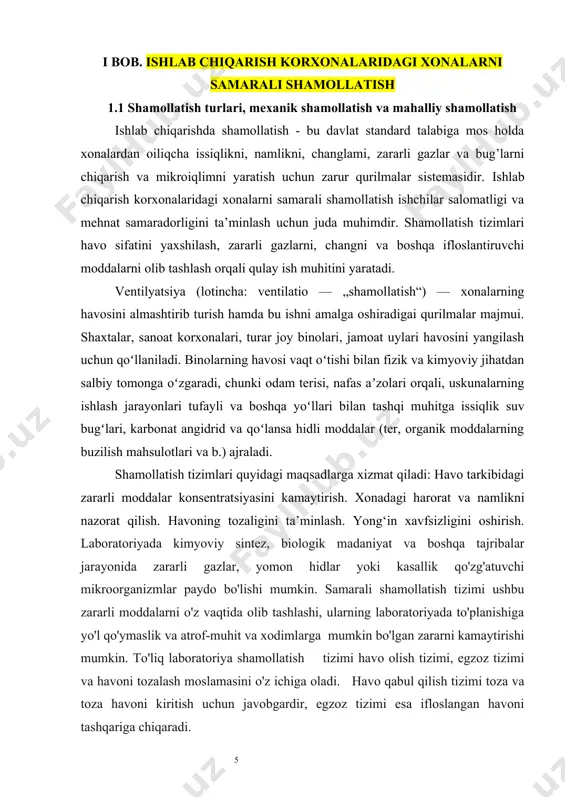 shamollatish tabiiy shamollatish yoki aeratsiya deyiladi. shamollatkichlar xonaga havoni uzatishi va xonadan havoni chiqarishi yoki bir vaqtda buning har ikkalasini amalga oshirishi mumkin. bugungi kunda korxonalarda sog'lom ish muhitini yaratish uchun, isitish va sovutish bo'lmasa ham, shamollatish tizimi mavjud bo'lishi kerak. shamollatkichlar ishlatish joyiga qarab umumiy va mahalliy shamollatkichlarga bo‘linadi. 1.1.1-rasm. mahalliy shamollatish qurilmasi. chapdagi - to‘g‘ri; o'ngdagi - noto‘g‘ri. sanoat korxonalari ishlab chiqarish binolarida ajralib chiqayotgan har xil zararli moddalami shamol yo‘nalishtirish vositasi bilan birgalikda chiqarib yuborishning imkoniyati bo‘lmasa, yoki ajralib chiqayotgan moddalar texnologik jarayonning hamma uchastkalaridan ajralib chiqayotgan bo'lsa, unda yakka tartibdagi shamollatish vositalarini qo‘llash imkoniyati yo'qoladi. ana shunday hollarda umumiy shamollatish usulidan foydalaniladi. umumiy shamollatish vositasini zararli moddalar yoki issiqlik eng ko'p chiqayotgan zonaga o‘natish kerak. ushbu kurs ishida ishlab chiqarish korxonalarida qo‘llaniladigan mexanik va mahalliy shamollatish tizimlari haqida ma’lumotlar keltiriladi. shamollatish natijasida ishlab chiqarish binolaridagi ifloslangan o‘ta qizigan, yoki sovigan havo toza, sovutilgan yoki qizdirilgan havo …