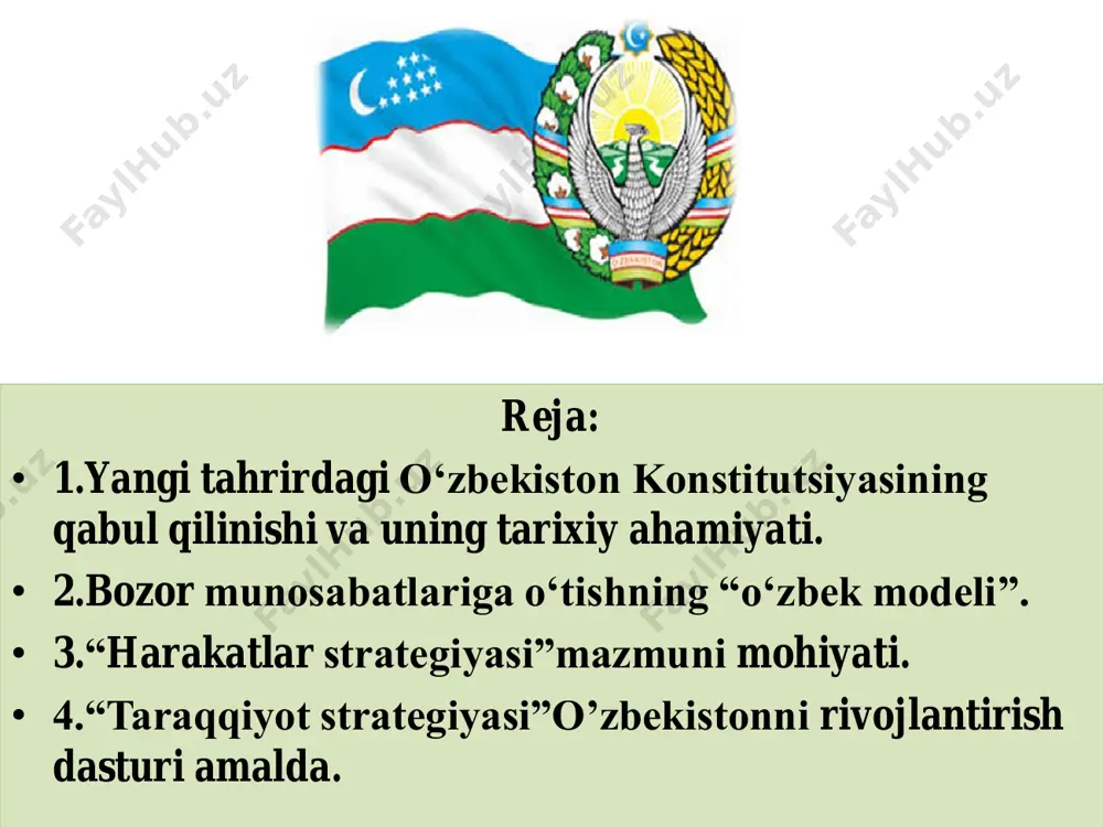 stitusiyasi mustaqil o‘zbekiston konstitutsiyasining qabul qilinishi va uning tarixiy ahamiyati o‘zbekiston respublikasi mustaqilligi e’lon qilingunga qadar mamlakatimizda uchta konstitutsiya qabul qilingan edi birinchi konstitutsiya 1927 yil 31 mart ikkinchi konstitutsiya 1937 yil14 fevral uchinchi konstitutsiya 1978 yil 26 aprel o‘zbekiston respublikasi konstitutsiyasining yaratilish zarurati mustaqil davlat konstitutsiyasi dunyoga kelishiga asosan ikkita omil sabab bo‘ldi: jamiyatning bozor munosabatlari tomon tutgan yo‘li, yangi taraqqiyotdagi umumiy qonuniyatlar va yo‘nalishlarga muvofiq ravishda o‘zbekistonning jahon hamjamiyatiga kirib borishi; o‘zbekistonning davlat mustaqilligi e’lon qilinishi. o‘zbekiston respublikasi konstitutsiyasi muqaddima, 6 ta bo‘lim, 26 ta bob, 128 moddalarni o‘z ichiga oladi. muqaddima asosiy prinsiplar ma’muriy-hududiy va davlat tuzilishi konstitutsiyaga o‘zgartirish kiritish tartibi inson va fuqarolarning asosiy huquqlari, erkinliklari va burchlari jamiyat va shaxs davlat hokimiyatining tashkil etilishi 1 • mustaqillik yillarida huquqni muhofaza qilish organlari va milliy xavfsizlik tizimi ham yangi asosda yaratildi, mamlakatning chegaralari va suverenitetini himoya qilishga qodir bo‘lgan qurolli kuchlarimiz shakllantirildi. 2 • 1991 yil …