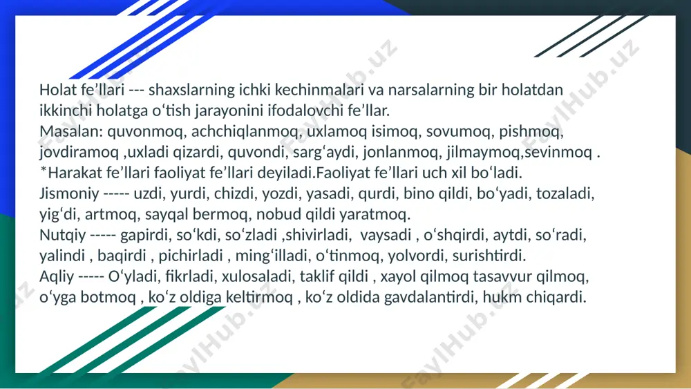 vchiga bogʻlangan -emas inkor shakliga oʻtgan feʼl oʻqimoqchi edi ot qiz edi sifat yosh edi olmosh men edim son oltita edi ravish koʻp edi undalma oh-voh edi