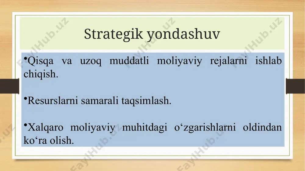 ayotgan korxonalarni moliyalashtirish. rivojlanayotgan mamlakatlarda iqtisodiy o‘sishni qo‘llab-quvvatlash. innovatsion moliyaviy vositalarni joriy etish. iqtisodiy hamkorlik va taraqqiyot tashkiloti (oecd) vazifalari: mamlakatlar o‘rtasida siyosiy va iqtisodiy tajribalarni almashish. rivojlanish strategiyalarini ishlab chiqish. xalqaro hisob-kitoblar banki (bis) vazifalari: markaziy banklar uchun forum vazifasini bajarish. xalqaro moliyaviy operatsiyalarni boshqarish. xalqaro moliyaviy vositalar – bu davlatlar, tashkilotlar va korxonalar tomonidan xalqaro moliyaviy faoliyatni amalga oshirishda qo‘llaniladigan moliyaviy resurslar va instrumentlardir. ushbu vositalar xalqaro savdo, investitsiyalar, qarz olish va xatarlarni boshqarish jarayonlarini samarali tashkil etish uchun muhim ahamiyatga ega. valyutalar va valyuta bozorlaridagi vositalar a) valyuta ayirboshlash (forex) b) valyuta fyucherslari va opsionlari c) xedjlash vositalari xalqaro qarz vositalari a) obligatsiyalar b) kreditlar va qarz bitimlari xalqaro investitsiya vositalari a) to‘g‘ridan-to‘g‘ri xorijiy investitsiyalar (fdi) b) portfel investitsiyalari c) xususiy kapital fondlari portfel investitsiyalar – shunday investitsiyalarki, bunda kapitalni daromad olish maqsadida korxonalarning aksiyalari, obligatsiyalari va boshqa qimmatli qogʻozlarini sotib olish uchun sarflanadi. xususiy kapital (pe) …