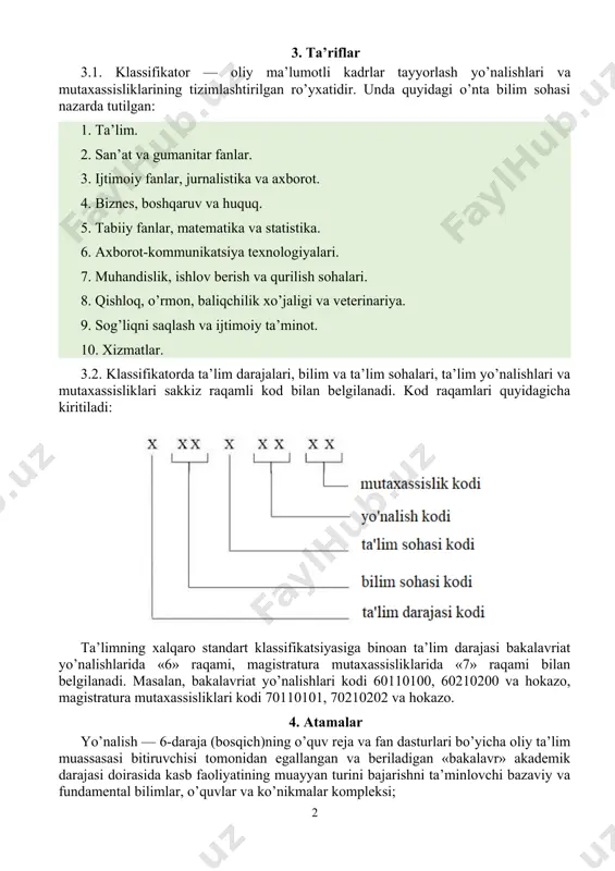 rining tizimlashtirilgan ro’yxatidir. unda quyidagi o’nta bilim sohasi nazarda tutilgan: 1. ta’lim. 2. san’at va gumanitar fanlar. 3. ijtimoiy fanlar, jurnalistika va axborot. 4. biznes, boshqaruv va huquq. 5. tabiiy fanlar, matematika va statistika. 6. axborot-kommunikatsiya texnologiyalari. 7. muhandislik, ishlov berish va qurilish sohalari. 8. qishloq, o’rmon, baliqchilik xo’jaligi va veterinariya. 9. sog’liqni saqlash va ijtimoiy ta’minot. 10. xizmatlar. 3.2. klassifikatorda ta’lim darajalari, bilim va ta’lim sohalari, ta’lim yo’nalishlari va mutaxassisliklari sakkiz raqamli kod bilan belgilanadi. kod raqamlari quyidagicha kiritiladi: ta’limning xalqaro standart klassifikatsiyasiga binoan ta’lim darajasi bakalavriat yo’nalishlarida «6» raqami, magistratura mutaxassisliklarida «7» raqami bilan belgilanadi. masalan, bakalavriat yo’nalishlari kodi 60110100, 60210200 va hokazo, magistratura mutaxassisliklari kodi 70110101, 70210202 va hokazo. 4. atamalar yo’nalish — 6-daraja (bosqich)ning o’quv reja va fan dasturlari bo’yicha oliy ta’lim muassasasi bitiruvchisi tomonidan egallangan va beriladigan «bakalavr» akademik darajasi doirasida kasb faoliyatining muayyan turini bajarishni ta’minlovchi bazaviy va fundamental bilimlar, o’quvlar va ko’nikmalar kompleksi; …