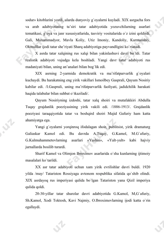 0-30-yillar tatar shurolar davri adabiyotida g.kamol, m,g`afuriy, sh.kamol, xodi toktosh, kavi najmiy, o.ibroximovlarning ijodi katta o`rin egallaydi. 2-jahon urushi yillarida tatar adabiyotida grajdanlik, qahramonlik, vatanga sadoqat tuyg`ulari kuylandi. poeziya yetakchi o`rin egalladi. jangchi shoirlardan fotix karim, musa jalillar ijodi va faoliyati kaxramonlik namunasi edi. f.karim 1945 yil fevralida halok bo`ldi. m.jalil xam fashist turmalaridan birida halok bo`ldi. bu qahramononalik, patetik ko`tarilish musa jalilning «maobit daftari» siklida alohida kuch bilan jarangladi. urush yillarida ahmat fayzi, k.najmi, sharaf mudarris, odil qutuy, amirxon yenikeyev, shayx mannur, renat xarisov, ravil fayzullin kabi ijodkorlar ijod qildilar. urushdan keyingi yillarda adabiyotning mavzusi yana urush, frontdagi va front ortidagi qahramonliklarni tasvirlash bo`ldi. undan tashqari tinch mehnat mavzusi ham qalamga olindi. bu yillarda povest va roman janrlari katta rivojlanish yo`lidan ketdi. a.absalyamovning «oydin tunlar», «burgut bolalari», «g`ozinur» kabi povest va xikoyalari katta urin egallaydi. poeziyada xasan tufon, a.fayzi, sh.mannur, sibgat xakim, solix battol, a.isxok kabi shoirlar insonning ichki …