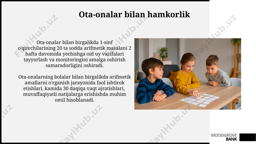 ni tekshirish uchun vaqt chegaralangan testlardan foydalanish mumkin. oʻquvchilarning muammo yechish jarayonini kuzatish uchun 3 ta turli murakkablikdagi topshiriqlar (oddiy, oʻrtacha, murakkab) majmuasidan foydalanib, ularning strategiya tanlash koʻnikmalarini baholash mumkin. woodgrove bank e'tiboringiz uchun rahmat @taqdimot_robot woodgrove bank image1.jpg image2.jpg image3.jpg image4.jpg image5.jpg image6.jpg image7.jpg image8.jpg image9.jpg image10.jpg image11.jpg image12.jpg image13.jpg image14.jpg image15.jpg image16.jpg image17.jpg