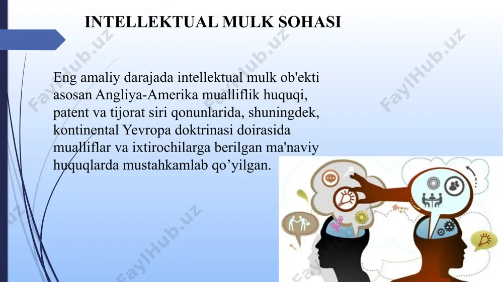 l faoliyat natijalari ifodalangan moddiy tashuvchilarga mulk huquqi bilan bog‘liq emas. 5. shaxsiy nomulkiy huquqlar shaxsiy nomulkiy huquqlar doimo muallif bilan qoladi, ular ko‘chirilmaydi, meros qoldirilmaydi va abadiy himoyalanadi. o‘zbekiston respublikasi fuqarolik kodeksining 99-moddasida shaxsiy nomulkiy huquqlar to‘g‘risida quyidagilar keltirib o‘tiladi: “shaxsning hayoti va sog‘lig‘i, sha’ni va qadr-qimmati, shaxsiy daxlsizligi, ishchanlik obro‘si, shaxsiy hayotining daxlsizligi, xususiy va oilaviy siri, nomga bo‘lgan huquqi, tasvirga bo‘lgan huquqi, mualliflik huquqi, boshqa shaxsiy nomulkiy huquqlar hamda tug‘ilganidan boshlab yoki qonunga muvofiq fuqaroga tegishli bo‘lgan boshqa nomoddiy ne’matlar tortib olinmaydi va o‘zga usul bilan boshqa shaxsga berilmaydi. vafot etgan kishiga tegishli bo‘lgan shaxsiy nomulkiy huquqlar va boshqa nomoddiy ne’matlar qonunda nazarda tutilgan hollarda va tartibda boshqa shaxslar, shu jumladan huquq egasining vorislari tomonidan amalga oshirilishi va himoya etilishi mumkin.” muallif: oliy majlis qonunchilik palatasi tomonidan 2006-yil 23-martda qabul qilingan va senat tomonidan 2006-yil 9-iyunda ma’qullangan “mualliflik huquqi va turdosh huquqlar to‘g‘risida”gi o‘zbekiston respublikasi qonunining 3-moddasida …