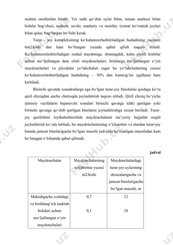 n turar-joy uylarining derazalarigacha va jamoat binolarigacha bo‘lgan masofa bu maydonchalarning shovqin xarakteristikalariga bog‘liq ravishda o‘rnatiladi; choyshablarni quritishga mo‘ljallangan maydonchalardan turar-joy uylari va jamoat binolarigacha bo‘lgan masofa me’yorlashtirilmaydi, maishiy axlat to‘planadigan maydonchalardan badan-tarbiya maydonchalarigacha, bolalar o‘yin maydonchalarigacha va katta yoshli aholi guruhlarining dam olish maydonchalarigacha bo‘lgan masofani 20m dan kam bo‘lmagan o‘lchamda qabul qilish taqozo etiladi. xo‘jalik maqsadlarida foydalaniladigan maydonchalardan turar-joy uyining eng uzoqdagi kirish joyigacha bo‘lgan masofa 100m dan oshmasligi lozim. turar-joy uylari orasidagi hamda turar-joy uylari va jamoat binolari o‘rtasidagi masofa insolyatsiya va yoritilganlik bo‘yicha olib boriladigan hisoblashlar asosida hamda yong‘in xavfsizligi talablariga muvofiq tarzda qabul qilinadi. balandligi 2-3 qavat bo‘lgan turar-joy uylarining uzun tomonlari orasidagi masofani 15 m dan kam bo‘lmagan holda, balandligi 4 qavat bo‘lgan uylar orasidagi masofani esa 20m dan kam bo‘lmagan o‘lchamda qabul qilish taqozo etiladi, aynan shu uylarning uzun derazalarga ega bo‘lgan tomonlari va ko‘ndalang yon tomonlari orasidagi masofani esa 10m kam bo‘lmagan …
