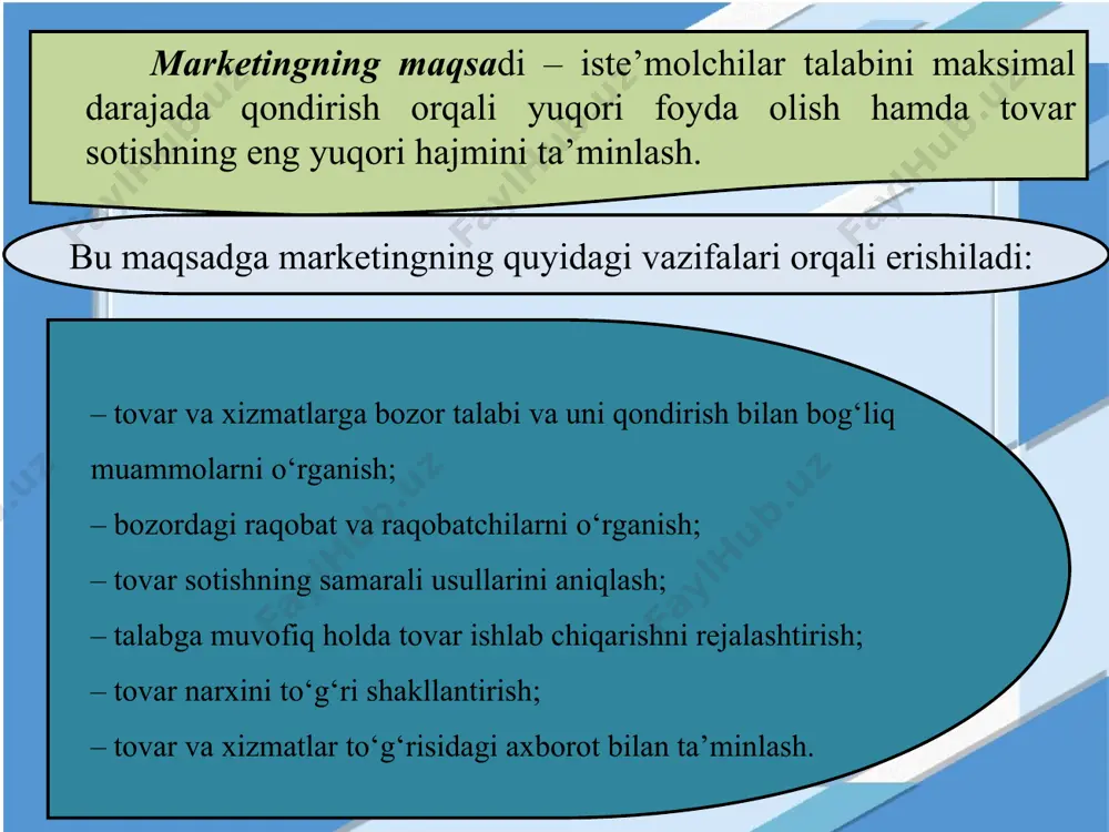 umkin; 3) tadqiqot tavsifi. tadqiqot tavsifi quyidagicha bo‘lishi mumkin: – tanishtiruvchi (muammo va uning yechimi bo‘yicha dastlabki ma’lumotlarni yig‘ish); – tavsiflovchi (aniq raqamlarni tasdiqlash yoki rad etish); – eksperiment (hodisalar o‘rtasidagi sabab-oqibat bog‘liqliklarini tushuntirish. masalan, mahsulotlarni sinf xonalariga yetkazib berish sotish hajmiga qanday ta’sir ko‘rsatdi); 4) marketing tadqiqoti o‘tkazish bilan bog‘liq xarajatlarni baholash. odatda, bu xarajatlarni pul yoki vaqt ko‘rinishida ifodalash mumkin. marketing tadqiqoti yuzasidan axborot to‘plash axborotlar ikki turda – birlamchi va ikkilamchi bo‘lishi mumkin. birlamchi axborotlar shu vaqtga qadar mavjud bo‘lmagan axborotlar hisoblanib, ular quyidagi manbalardan olinishi mumkin: – tadqiqot qilinayotgan muammo yuzasidan o‘z fikriga ega bo‘lgan maslahatchi yoki ekspertlar; – tadqiq etilayotgan muammo ishtirokchilari harakatlarini kuzatish; – so‘rov orqali o‘rganish va eksperiment. ikkilamchi axborotlarga olingan axborotlarni tahlil qilish orqali keltirib chiqarilgan ma’lumotlar kiradi. olingan axborotni tahlil qilish marketing tadqiqoti o‘tkazish natijasida olingan axborotlar tahlil qilib chiqiladi. tahlil maxsus usullar orqali amalga oshirilib, keng ommaga tushunarli bo‘lishi uchun …