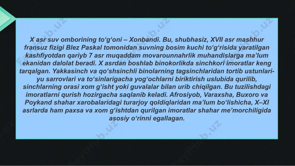 rda hokimiyat tepasiga qoraxoniylar va saljuqiylar keldi. iqtisodiy –madaniy taraqqiyot natijasida shaharlar o'z qiyofasini o'zgartirdi. yirik–yirik inshootlar qurila boshlandi. ayniqsa, pishiq g'ishtdan ravoqlar va gumbazlar qurilishi an‘anaga aylandi. bu davr me‘morchiligining yana bir xususiyati binolarda sirli va rangli koshinlardan foydalanilganligidir. natijada, maxsus hunarmandchilik sexlari ochilgan. qurilishda foydalaniladigan turli maxsus kasblar paydo bo‗lgan. bu davr me‘morchiligi tarixda ―binokor shoh nomi bilan kirgan bo‗lib, uning taraqqiy etishida muhammad sulaymon tegin o'g'li arslonxon katta hissa qo'shgan. umuman olganda ix—xii asrga oid maqbaralar o'rta osiyo hududida anchagina saqlanib qolgan. bular jumlasiga termiz yaqinidagi sulton saodat kompleksidagi, o'zgan, miyona, seraxs, mari (ko'hna marv) dagi va boshqa maqbaralar kiradi. shularning ichida ayniqsa marvdagi sulton sanjar maqbarasi diqqatga sazo-vordir. 1175 yilda vafot etgan va xuroson hokimi bo'lgan saljuqiy sulton sanjar o'zi hayotlik vaqtida qurdirgan, deb taxmin qilinuvchi bu bino devorlarining qalinligi 5 metrni tashkil etib, maqbaraning ichki tomonlari 17 metrni tashkil etuvchi kvadratdan iboratdir. ichki balandligi 35 …