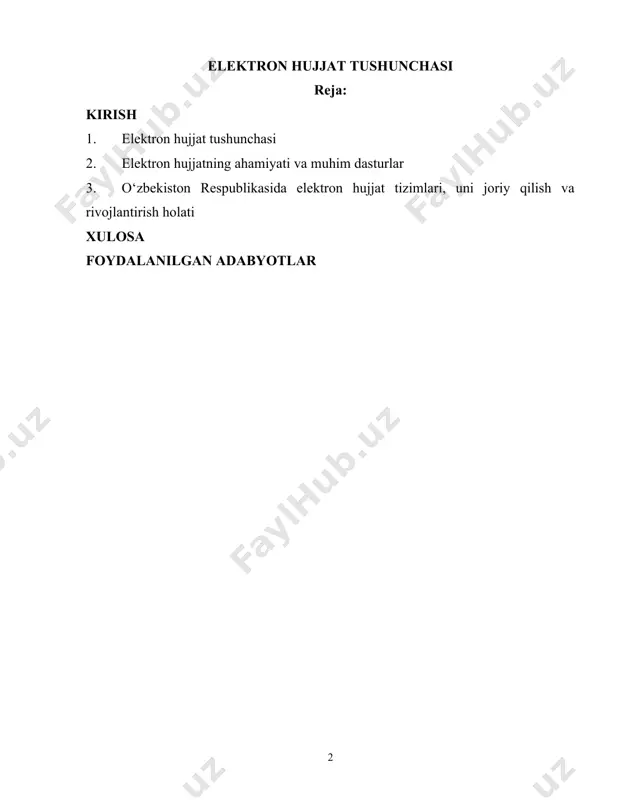 gan va elektron hujjatning uni identifikatsiya qilish imkoniyatini beradigan boshqa rekvizitlariga ega bo‘lgan axborot elektron hujjatdir. · elektron hujjat texnika vositalaridan va axborot tizimlari xizmatlaridan hamda axborot texnologiyalaridan foydalanilgan holda yaratiladi, ishlov beriladi va saqlanadi. · elektron hujjat elektron hujjat aylanishi ishtirokchilarining mazkur hujjatni idrok etish imkoniyatini inobatga olgan holda yaratilishi kerak. · elektron hujjat qog‘oz hujjatga tenglashtiriladi va u bilan bir xil yuridik kuchga ega bo‘ladi.elektron hujjatning qog‘oz nusxasi bo‘lishi mumkin. · elektron hujjat, agar u bevosita elektron hujjatni jo‘natuvchi yoki uning axborot vositachisi tomonidan jo‘natilgan bo‘lsa, jo‘natilgan deb hisoblanadi. · elektron hujjatlarni saqlash chog‘ida ulardan erkin foydalanish va ularning qog‘oz nusxalarini taqdim etish imkoniyati ta’minlanishi lozim. · elektron hujjatni saqlash muddati, shunga o‘xshash maqsadga mo‘ljallangan qog‘oz hujjat uchun belgilangan muddatdan kam bo‘lmasligi kerak. elektron hujjat aylanishida elektron hujjatlarni muhofaza qilish elektron hujjat aylanishining ishtirokchilariga yoki boshqa yuridik va jismoniy shaxslarga zarar etkazilishining oldini olish maqsadida, qonunchilikda belgilangan tartibda …