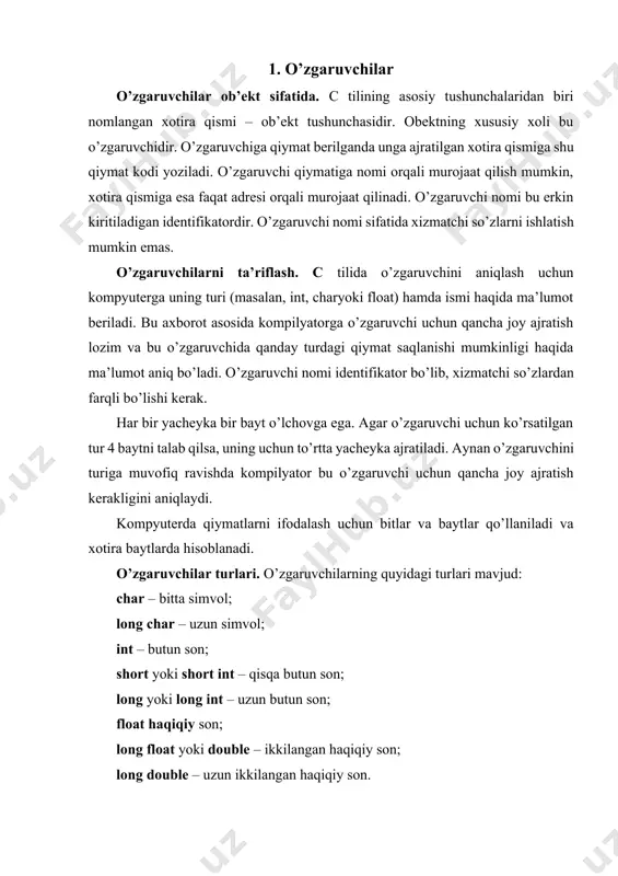 bu ta’rif qo’shilgan butun sonlar ustida amallar mod 2n arifmetikasiga asoslangandir. bu yerda n soni int turi xotirada egallovchi razryadlar sonidir. agar ishoraciz k soni uzunligi int soni razryadlar sonidan uzun bo’lsa, bu son qiymati k mod 2n ga teng bo’ladi. ishorasiz k son uchun ga –k amali 2n–k formula asosida hisoblanadi. ishorali, ya’ni signed turidagi sonlarning eng katta razryadi son ishorasini ko’rsatish uchun ishlatilsa unsigned (ishorasiz) turdagi sonlarda bu razryad sonni tasvirlash uchun ishlatiladi. o’zgaruvchilarni dasturning ixtiyoriy qismida ta’riflash yoki qayta ta’riflash mumkin. misol uchun: int a, b1, ac; yoki int a; int b1; int ac; o’zgaruvchilar ta’riflanganda ularning qiymatlari aniqlanmagan bo’ladi. lekin o’zgaruvchilarni ta’riflashda inisializasiya ya’ni boshlang’ich qiymatlarini ko’rsatish mumkin. misol uchun: int i = 0; char c = ’k’; typedef ta’riflovchisi yangi turlarni kiritishga imkon beradi. misol uchun yangi cod turini kiritish: typedef unsigned char cod; cod simbol; butun turlar o’lchami. bir xil turdagi o’zgaruvchilar uchun turli …