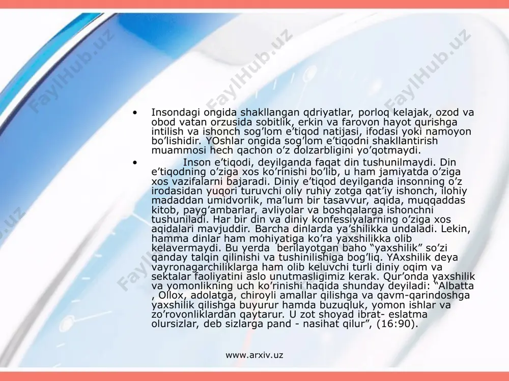 rlarda bir qancha olim, mutafakkir va shoirlar (masalan, mansur halloj), dahriylikda ayiblanib, shafqatsiz jazolangan. hozir ham musulmon dunyosida dahriylik qoralanadi”. dunyoviylik tushunchasi plyuralistik, ya’ni hurfikrlilik tamoyiliga asoslanadi. ya’ni, dinga ijtimoiy hodisa sifatida ilmiy tushunishga asoslangan holda yondoshish tushuniladi. dunyoviy jamiyat qurgan mamlakatlarda din, har qanlay boshqa ob’ektiv hayotiy hodisalar kabi, muhim ijtimoiy omil sifatda e’tirof etiladi. dunyoviy davlat xudosizlikka asoslangan davlat emas. www.arxiv.uz www.arxiv.uz www.arxiv.uz www.arxiv.uz din uchun talofatli omillardan shuni aytish mumkinki, bir konfessiya ichida turli guruhlar vujudga kelishidir. mamlakatimizda mutloq ko’pchilik e’tiqod qiladigan islom dinida guruxbozlik – tarafkashlik o’rta asrlarda umuman markaziy osiyo, xususan, o’zbekiston musulmonlari uchun yot bo’lganligi diqqatga sazovardir. diniy firqachilik bizning xalqimizga yot bo’lganligining asosiy sababi shundaki, mintaqmizda o’ziga xos movarounnahr musulmon qonunchiligi – fiqh maktabining rivojlanganligi, u boshqa maktablar ta’sirida bo’lmay, aksincha musulmon qonunshunosligi maktablariga o’z ta’sirini o’tkazib kelganligiga bog’liq edi. markaziy osiyo, xususan o’zbekistonda shunday ilohiyotchi ulomalar bo’lganki, ularning dihosi oldida butun musulmon …