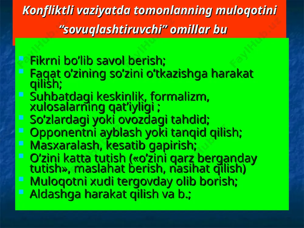 edim” qabilidagi jumlalardan o’zingizni olib qoching. chunki biz har doim ham boshqa inson tushgan va boshidan kechirgan vaziyatni adekvat tarzda anglay olmaymiz. ko’proq uning xolatini aniqlashtirishga qaratilgan jumlalarni ishlating. masalan, “ko’rib turibman, sizga juda qiyin..”, “qanday qiynalganingizni sezyapman...”, “bu vaziyatni qanday qabul qilganligingizni faraz ham qilolmayman...”, “ bu vaziyat sizni tang xolatga kiritib qo’yganligini ko’ryapman...”. o’z sirlaringizni oshkora qilmang. muloqotdagi yaqinlik ko’p hollarda insonlarni o’zlari haqida ko’proq axborot berib yuborishi, o’z sirlarining oshkora bo’lishi uchun imkon yaratadi. keyinchalik bunday qilganligingiz uchun kuyinishingiz mumkin. ochiq va samimiy suhbat yengillik topgan insonni har doim siz sari yo’lga tushish, sizdan doimiy foydalanish sari yo’llashi mumkin. ammo sizning vaqtingiz har doim ham topilavermaydi. vaqt topolmagan holatingizda esa mazkur suhbatdosh batamom sizga qarshi inson bo’lib qolishi mumkin. u kuyidagicha fikr yuritadi: “ha, mening sirlarimni bilib olish uchun gaplashib, endi umuman menga qaramay qo’ydi”. doimiy sirdoshga aylanib qolishdan o’zingizni saqlang. muloqot jarayonida tabiiy jimlik hukm surish …