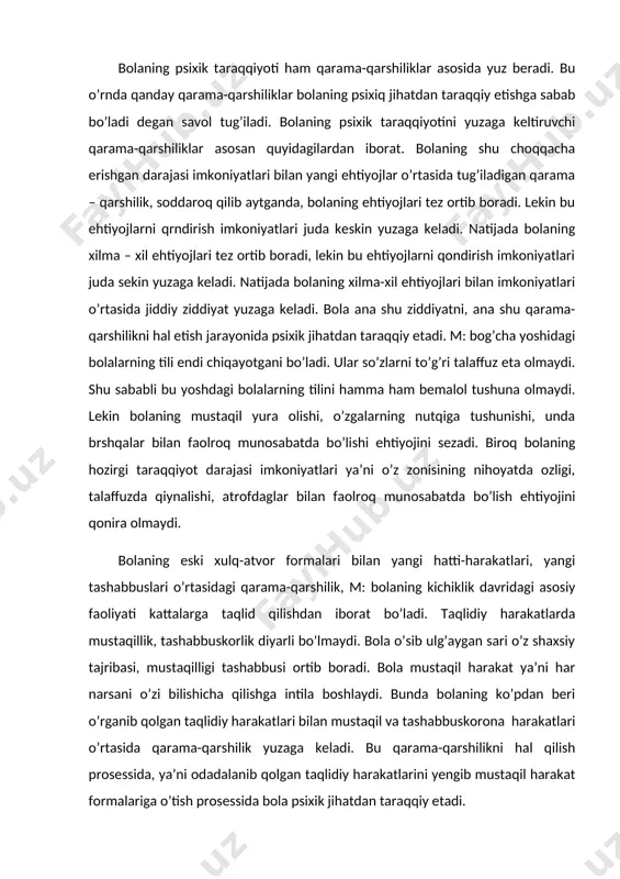 o’ng bog’chada va nihoyat maktabda sistemali suratda ta’lim va tarbiya oladi. bundan uzoq muddatdagi maxsus ijtimoiy ta’lim va tarbiya bolaning psixik taraqqiyotiga ta’sir etmay qolmaydi. shuning uchun bolaning psihik taraqqiyoti ko’p jihatda ta’lim-tarbiyaning ta’siriga bog’liqdir. bolaning psixikasi ko’pincha rivojlanishida ota-onasining ham roli katta. har bir bola yashab o’sgan muhitiga moslashadi. oiladagilar qanday bo’lsa, shunday bo’lishga intiladi. bolaning psixik taraqqiyoti bilan ijtimoiy ta’lim-tarbiya o’rtasidagi munosabat masalasi bolalar psixologiyasi uchun juda muhim masala bo’lib hisoblanadi. bu masalani hal qilishda turlicha qarashlar mavjud. psixik taraqqiyotning zonasiga muayyan davrda bolaning katta yoshdagi kishilarning yordamisiz mustaqil harakat qila olishi bilan ifodalanadi. psixik taraqqiyotning real zonasi – o’zlashtirilgan bilimlar, ko’nikma va malakalar mustaqil foydalanish bosqichidir. psixik taraqqiyotning real zonasiga bolaning o’smirlik va o’spirinlik davrlari to’g’ri keladi. bu davrda bolalarning ta’lim prosessiga bo’lgan munosabatlari tubdan o’zgarib, ular turli narsalarga nisbatan tanlab munosabatda bo’la boshlaydi. o’smir bolalarda qiziqish va duunyoqarash kabi shaxsning murakkab sifatlari tarkib topa boshlashi tufayli …