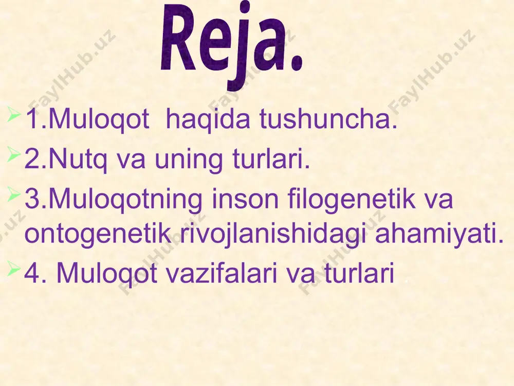 ing o’zaro ta’sir jarayoni. 2.individlar o’rtasidagi axborot almashinuvi jarayoni. 3.bir shaxsning boshqa bir shaxsga munosabati jarayoni. 4.bir kishining boshqalarga ta’sir ko’rsatish jarayoni. 5.bir-biriga hamdardlik bildirish imkoniyati. 6.shaxslarni bir-birini tushunish jarayoni. tajribali psixolog a.a.bodalyevning fikricha “insonni muloqot orqali tarbiyalashda bu unga qanday ta’sir qilishini avvaldan o’ylash zarur”. psixolog olim v.n.myasishev muloqot masalasiga chuqur yondashgan, uni o’rgangan. boshqa olimlar muloqotning nutq kommunikatsiyasi bilan bog’lab o’rgangan bo’lsa, v.n.myasishev muloqotni jarayon sifatida o’rgangan. ya’ni shaxslarning bir-biriga muloqot orqali ta’sir ko’rsatishini, bir-birlarini idrok qilish ob’yekti sifatida tahlil qiladi. uning fikricha: “shaxs turlicha munosabatlarda qarama-qarshi sifatlarni namoyon qilishi mumkin”. nutqning anato’mik – fiziologik asoslari. bosh miya po’stidagi alohida markazlarning faoliyati va nutqqa oid muskul apparatinutqning anatomik – fiziologik asosini tashkil qiladi. tovush nutqning (fonetik nutqning) muskul apparati uch qismdan – nafas olish, ovoz va artikulyatsiya apparatlaridan iborat. nafas olish apparati diafragmadan, o’pkadan, o’pkani, bronxni va bo’g’izni harakatga keltiruvchi muskullardan iborat.nafas olish apparatining vazifasi nutq apparatining ovoz …