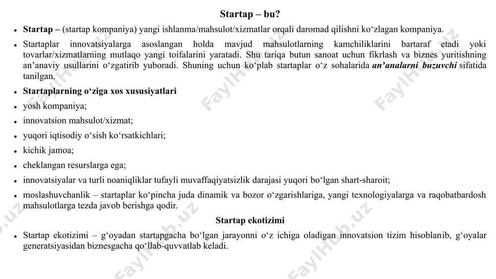 ay’ati; “startap” kompaniya — ilmiy, ilmiy-texnik va innovatsion faoliyat natijalarini ilgari surish hamda tijoratlashtirish uchun tashkil etiladigan yuridik shaxs; “startap” loyihalar — amalga oshish xavfi yuqori bo‘lgan sharoitda yangi mahsulot yoki xizmat turini yaratuvchi innovatsion ishlanmalarning qo‘llanilishi, ko‘lami va tez o‘sish sur’ati bilan farqlanadigan yangi biznes loyiha; talabnoma beruvchi (talabgor) — loyiha egasi va/yoki “startap” loyihani ishlab chiqqan shaxs. startap loyiha ekspertizasi startap loyiha ekspertizasi quyidagicha uch bosqichda amalga oshiriladi: birinchi bosqich — taqdim etilgan talabnomalarning tanlov shartlariga mosligi yuzasidan o‘tkaziladigan texnik ekspertiza; ikkinchi bosqich — texnik ekspertizadan o‘tgan startap loyihalarning moliyaviy-iqtisodiy ekspertizasi; uchinchi bosqich — birinchi va ikkinchi bosqichlardan muvaffaqiyatli o‘tgan startap loyihani ilmiy-texnik kengash tomonidan ekspertizadan o‘tkazish, ilmiy-texnik kengash majlisida ochiq muhokamada ko‘rib chiqish va baholash. talabnoma beruvchi (talabgor) ilmiy-texnik kengash majlisida startap loyiha taqdimoti bilan ishtirok etadi. ilmiy-texnik kengash (itk) baholash mezonlari itkda startap loyiha quyidagi mezonlar asosida baholanadi: loyihaning innovatsionligi — avval qo‘llanilmagan texnologiyalar va (yoki) …