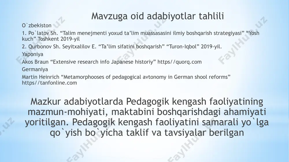 rahbar xodimlar mas’uliyati va javobgarlik hissi oshadi. 2. pedagogik kengash faoliyatining shaffofligini ta’minlash. kengash faoliyatiga oid hujjatlarni ochiq yetkazish, ommaviy axborot vositalarida muntazam yoritib borish. ta’lim muassasasi rahbari, pedagogik kengash kotibi. o‘quv yili davomida. pedagogik kengash faoliyatiga jamoatchilik nazorati kuchayadi, shaffoflik ta’minlanadi. 3. pedagogik kengash qarorlarining ijrosini samarali amalga oshirilishni ta’minlash. va nazorat qilish qarorlarni ijrochilarga o‘z vaqtida yetkazish, ijro ustidan muntazam monitoring o‘rnatish. ta’lim muassasasi rahbari, metodbirlashma rahbarlari. pedagogik kengash a’zolari o‘quv yili davomida. pedagogik kengash qarorlarining samarali amalga oshirilishi ta'minlanadi, vazifalar o`z vaqtida sifatli bajariladi chora-tadbir rejasi: e’tiboringiz uchun rahmat image1.png image2.emf
