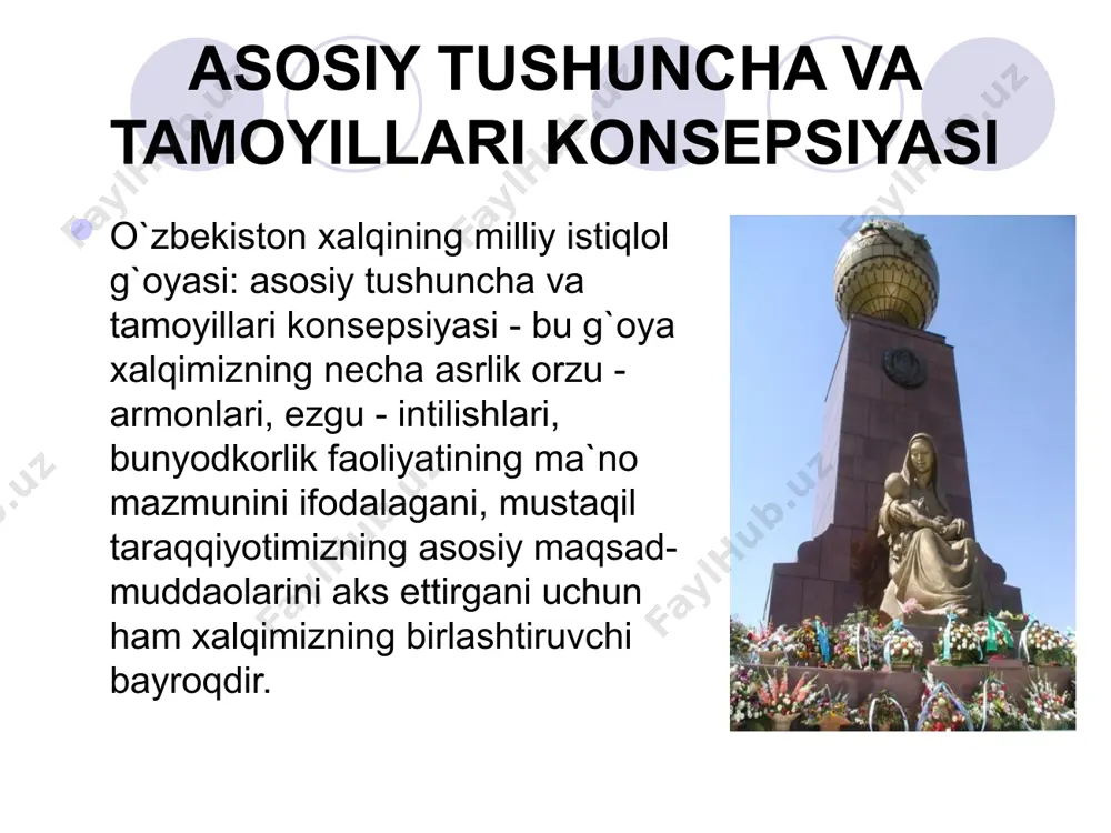 nda, iqtisodiy shart-sharoit har qanday hayotning negizi, poydevori hisoblanadi. jumladan, erkin hayot ham iqtisodiy taraqqiyotga asoslanadi. yevropa, amerika va osiyo qit`asidagi iqtisodiy jihatdan yuksak rivojlangan mamlakatlardagi hayot bunga yaqqol dalil bo`la oladi. vatan ravnaqi. vatan insonning kindik qoni to`kilgan tuproq, uni kamol toptiradigan tabarruk maskandir. u ajdodlardan avlodlarga qoladigan buyuk meros, eng aziz xotira. vatan ota-bobolarimizning hoki-poklari jo bo`lgan zamindir. vatan insonning g`ururi timsoli. har kim vatani misolida o`zining, xalqining baxtini ko`radi, uning tabiati, havosi, odamlari yoshligimizdan har birimizni ma`naviyatimiz, fazilatlarimizni shakllantirishga xizmat qiladi. vatan ozod bo`lsa, xalq ham ozod. vatan ravnaq topsa, xalq ham farovon bo`ladi. yurt tinchligi. tinchlik dunyodagi eng katta boylik hisoblanadi. chunki tinchlik bo`lsa, hamma erkin nafas oladi., hamma o`z ishi bilan mashg`ul bo`ladi. shuning uchun yurt tinchligi barqaror taraqqiyot garovi. demak, istiqlol g`oyalari bir-biri bilan uzviy bog`lanib ketgan. bundan oldin vatanimiz ravnaqi haqida gapirgan edik. ana shu taraqqiyotning muhim sharti tinchlik ekan. shu bois odamzoò …